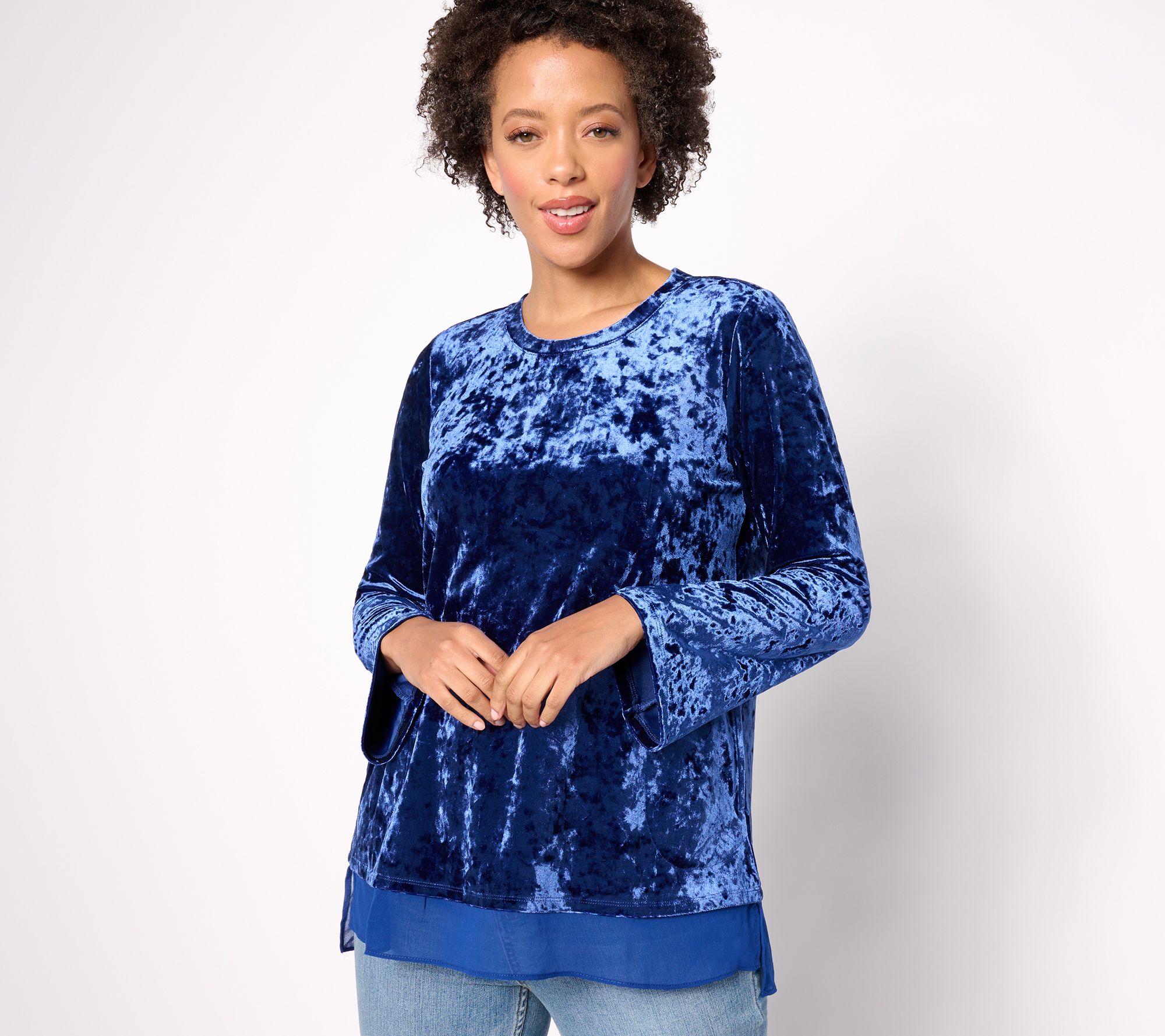 LOGO by Lori Goldstein Knit Crushed Velvet Top w/ Chiffon Hem