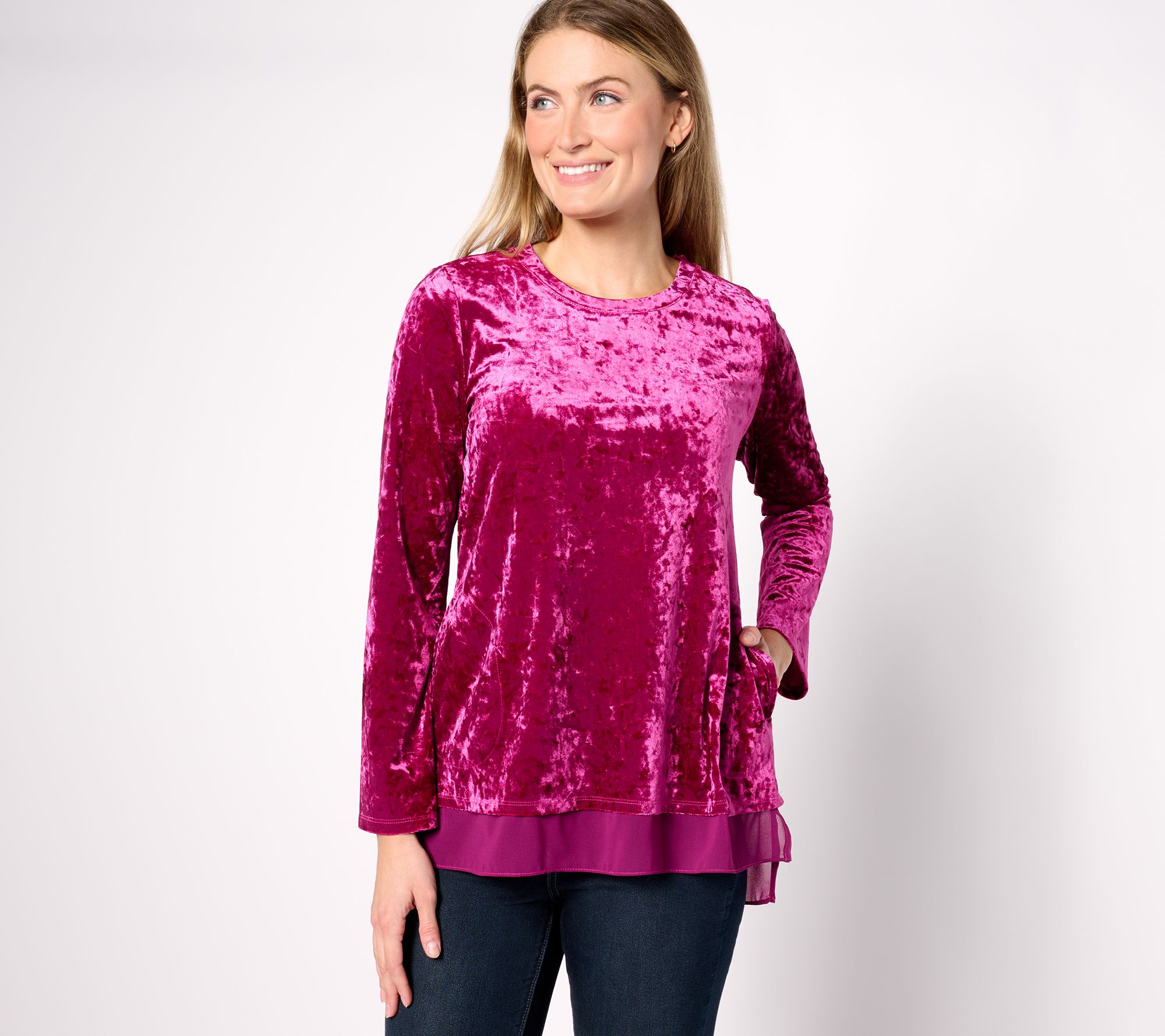 LOGO by Lori Goldstein Knit Crushed Velvet Top w/ Chiffon Hem