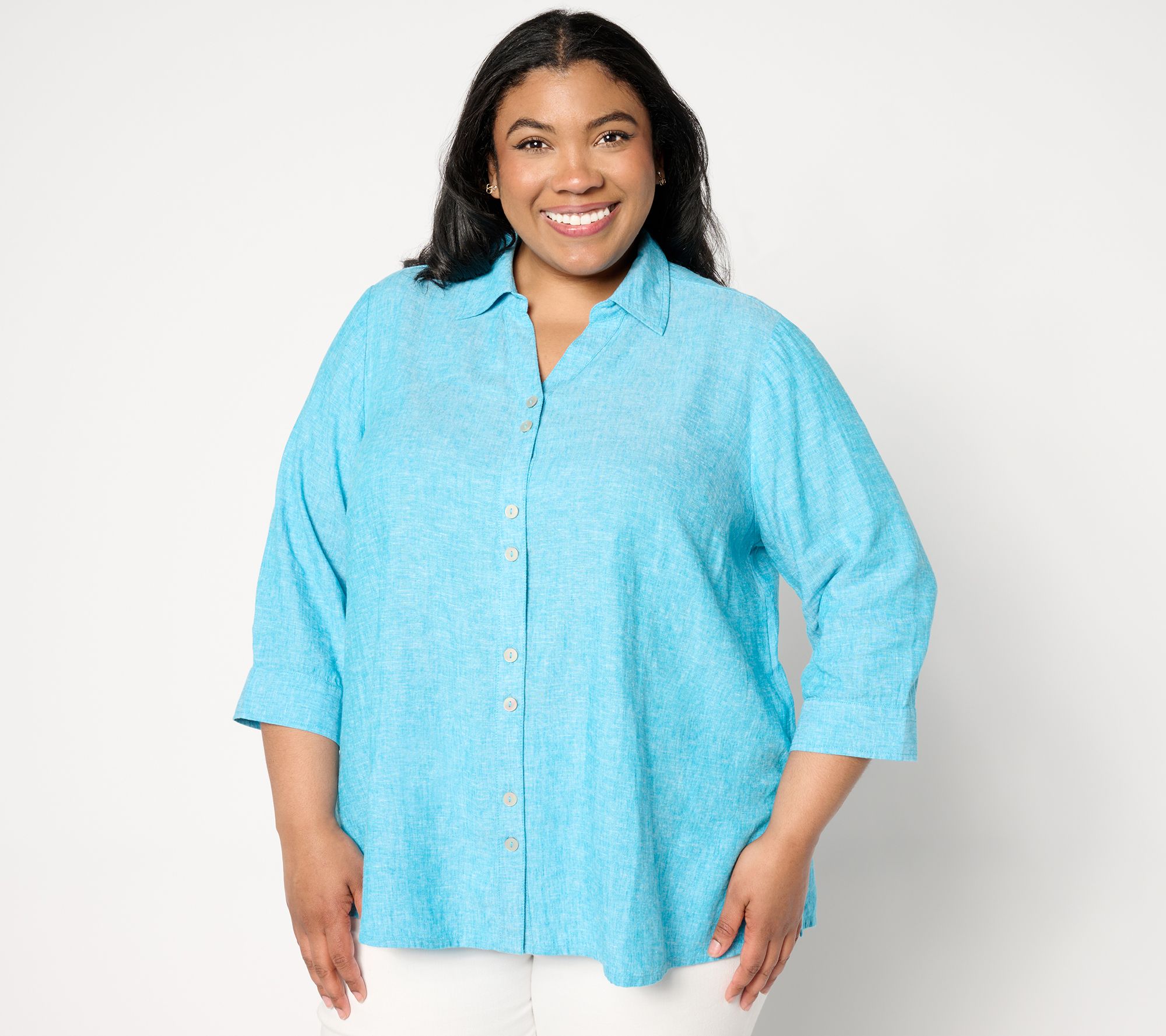Joan Rivers Double Button Linen Boyfriend Swing Shirt