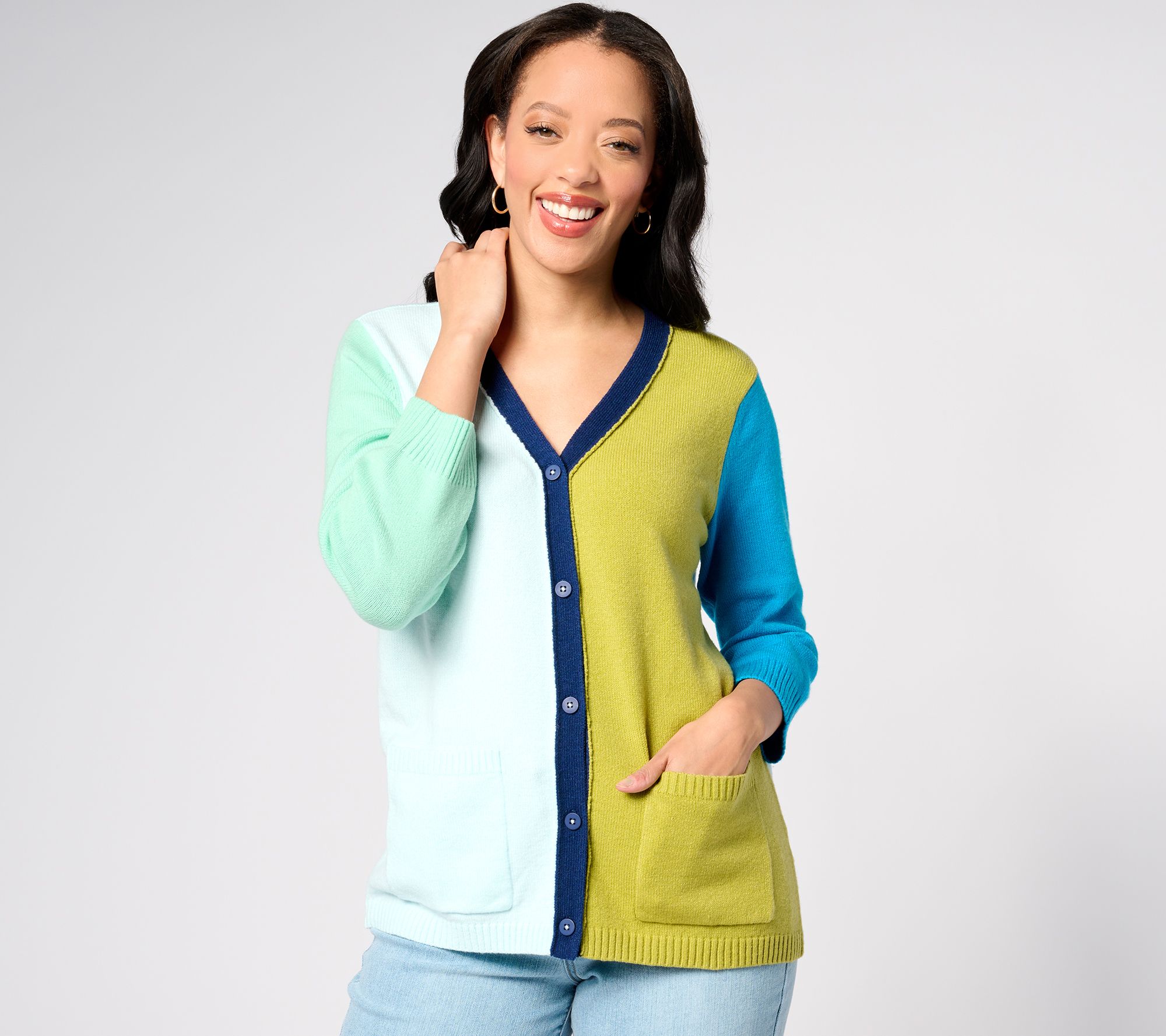 LOGO by Lori Goldstein Button Front Colorblock Cardigan