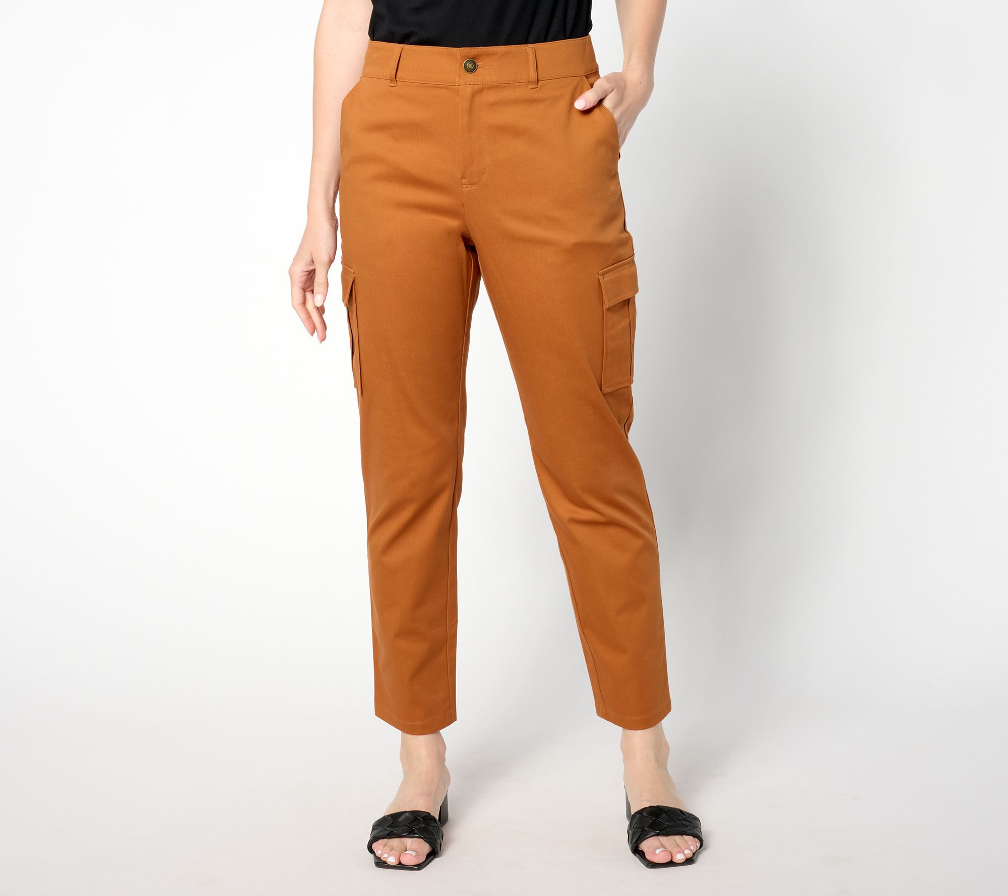 Joan Rivers Petite Stretch Cotton Sateen Tapered Ankle Cargo Pants