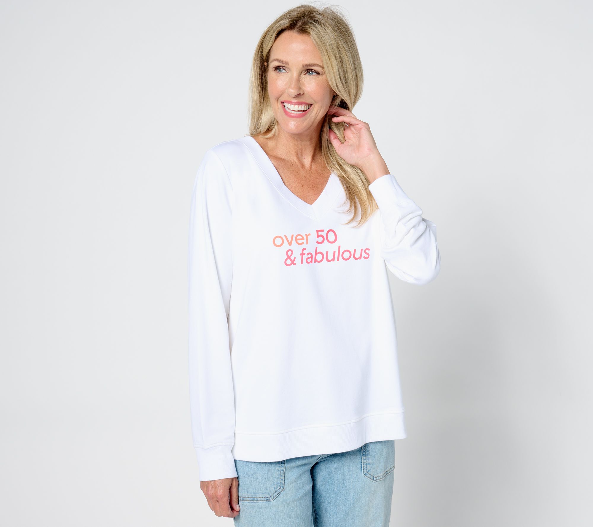 Over 50 and Fabulous V-Neck Long- Sleeve Graphic Sweatshirt