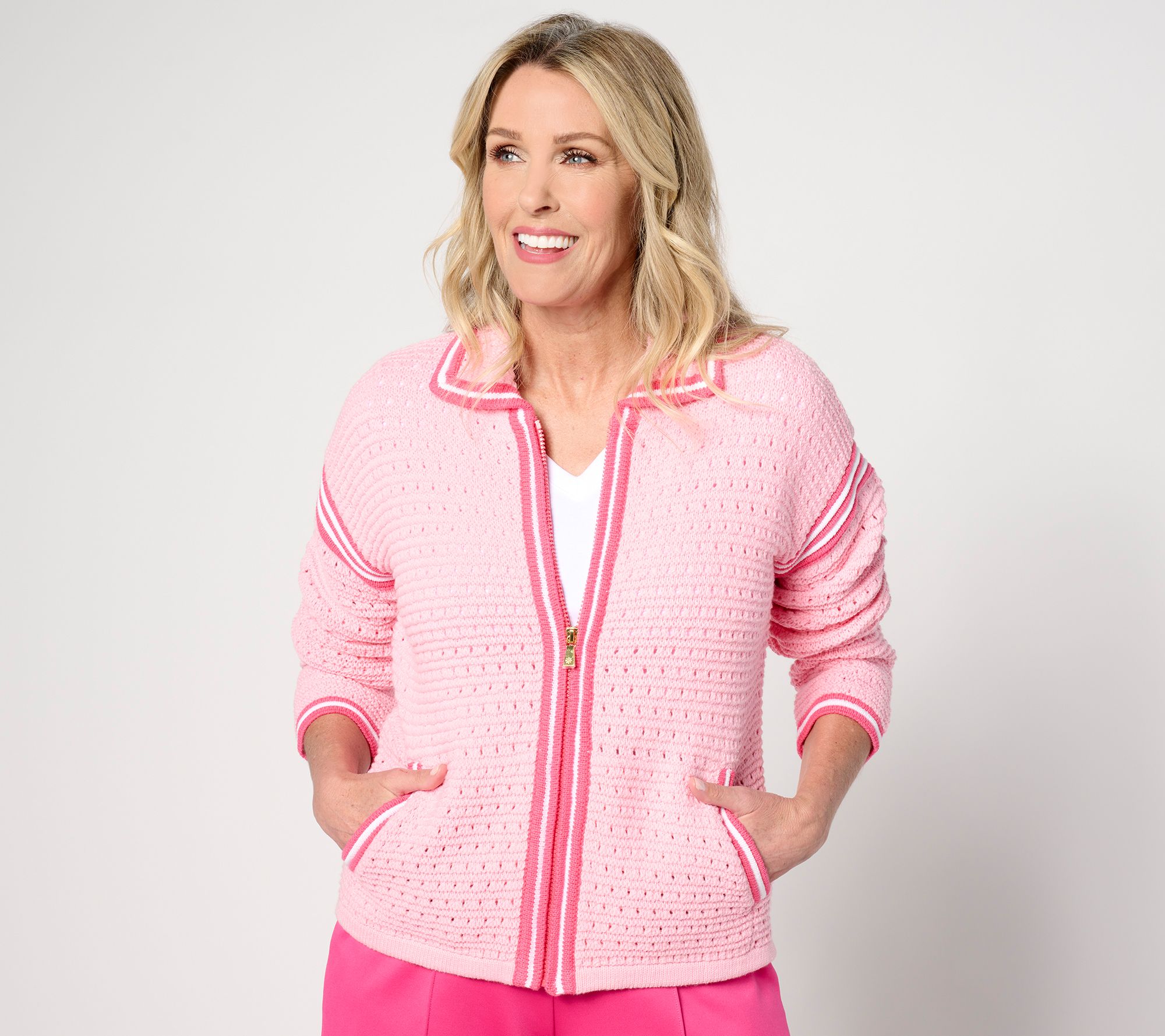 "As Is" Isaac Mizrahi Live! Clubhouse Crochet Zip Front Cardigan