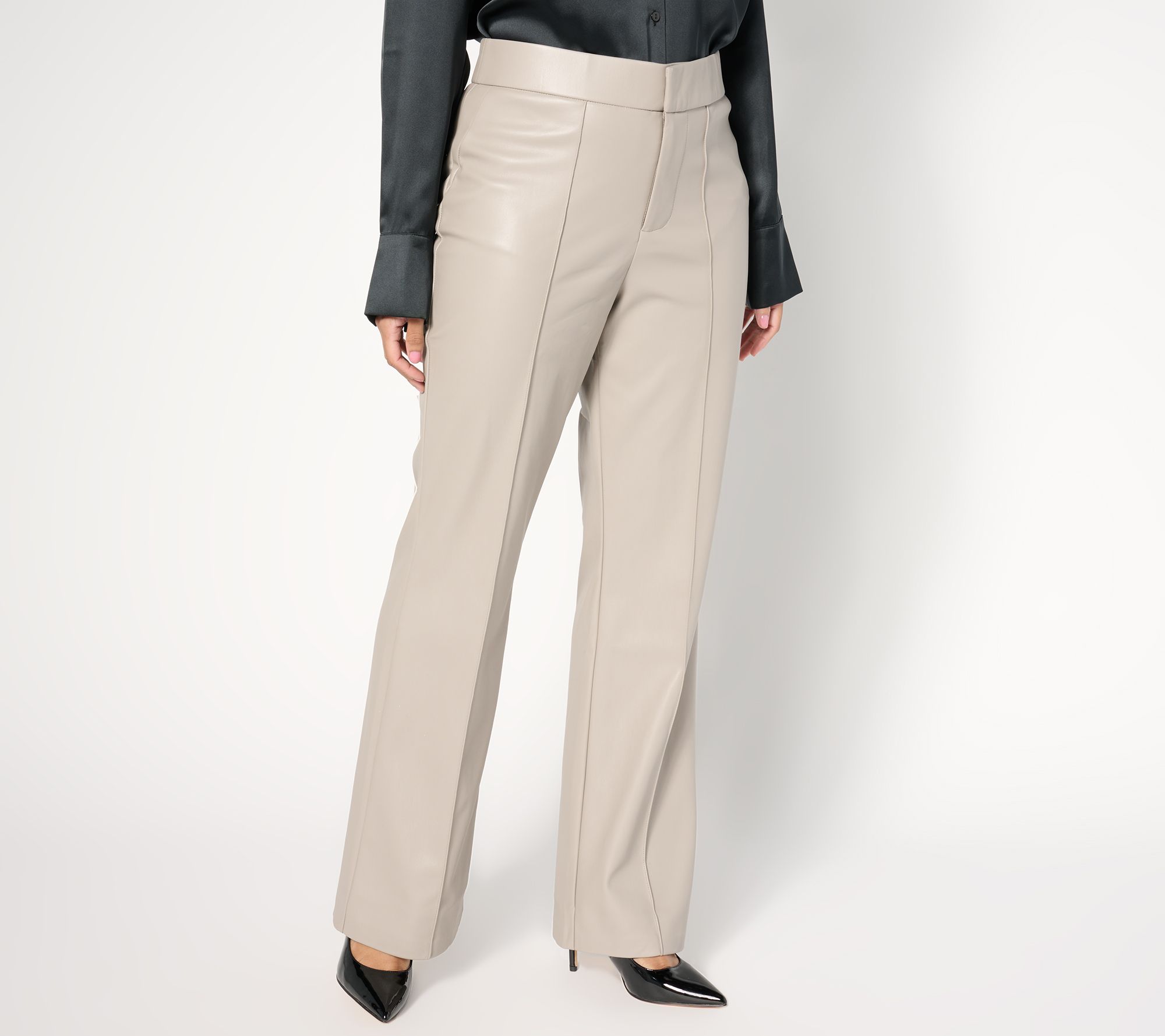 Dennis Basso Regular Faux Leather Pants with Stitched Detail
