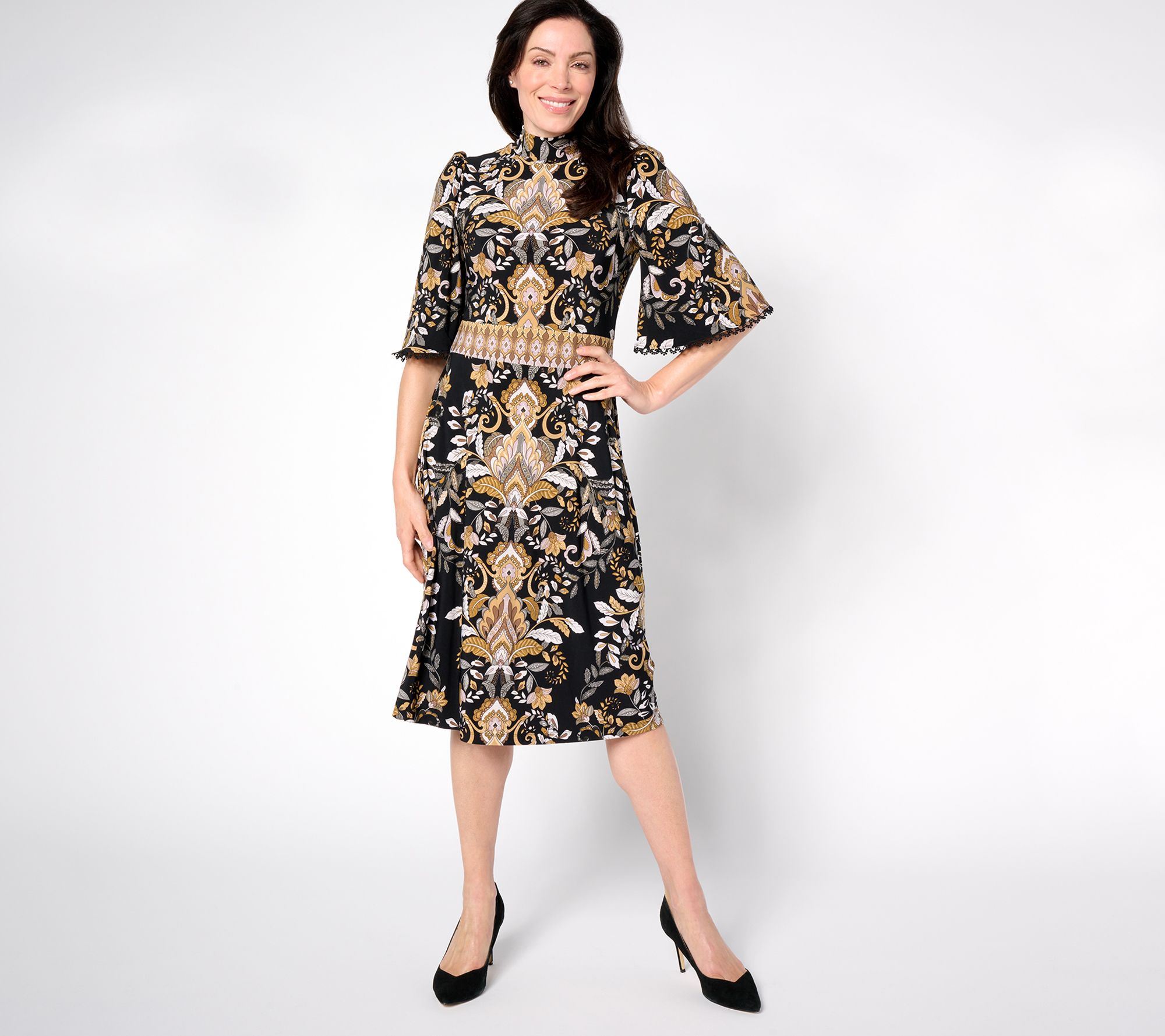 Susan Graver Petite Printed Liquid Knit Mock Neck Midi Dress