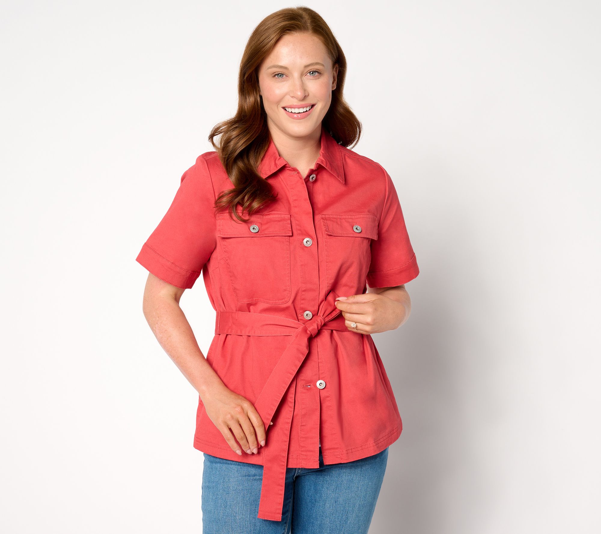 "As Is" Denim & Co. EasyWear Twill Short Sleeve Button Front Jacket