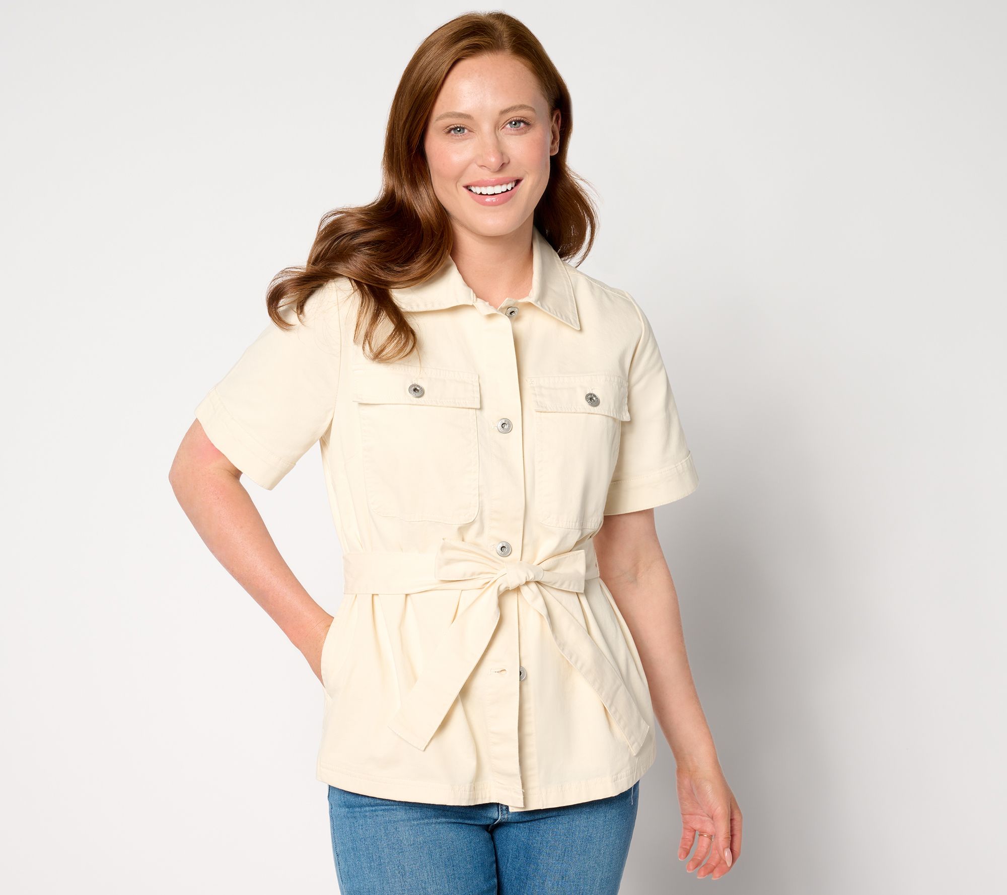"As Is" Denim & Co. EasyWear Twill Short Sleeve Button Front Jacket