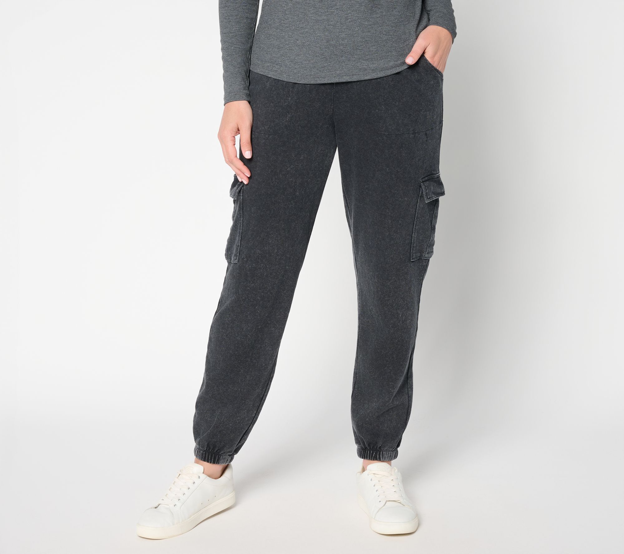 AnyBody Petite Washed French Terry Cargo Jogger Pant