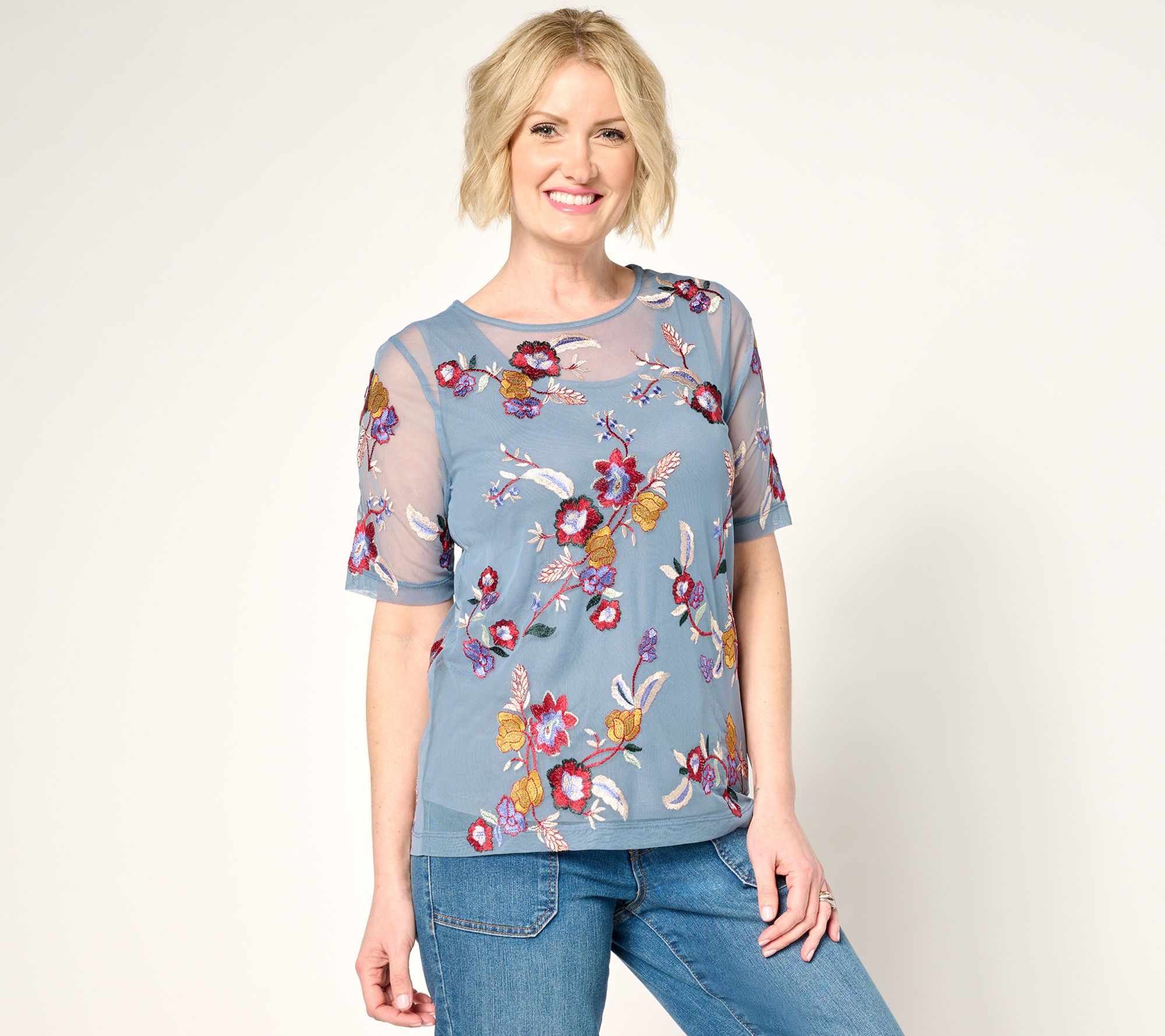 LOGO Lavish by Lori Goldstein Embroidered Mesh Top with Knit