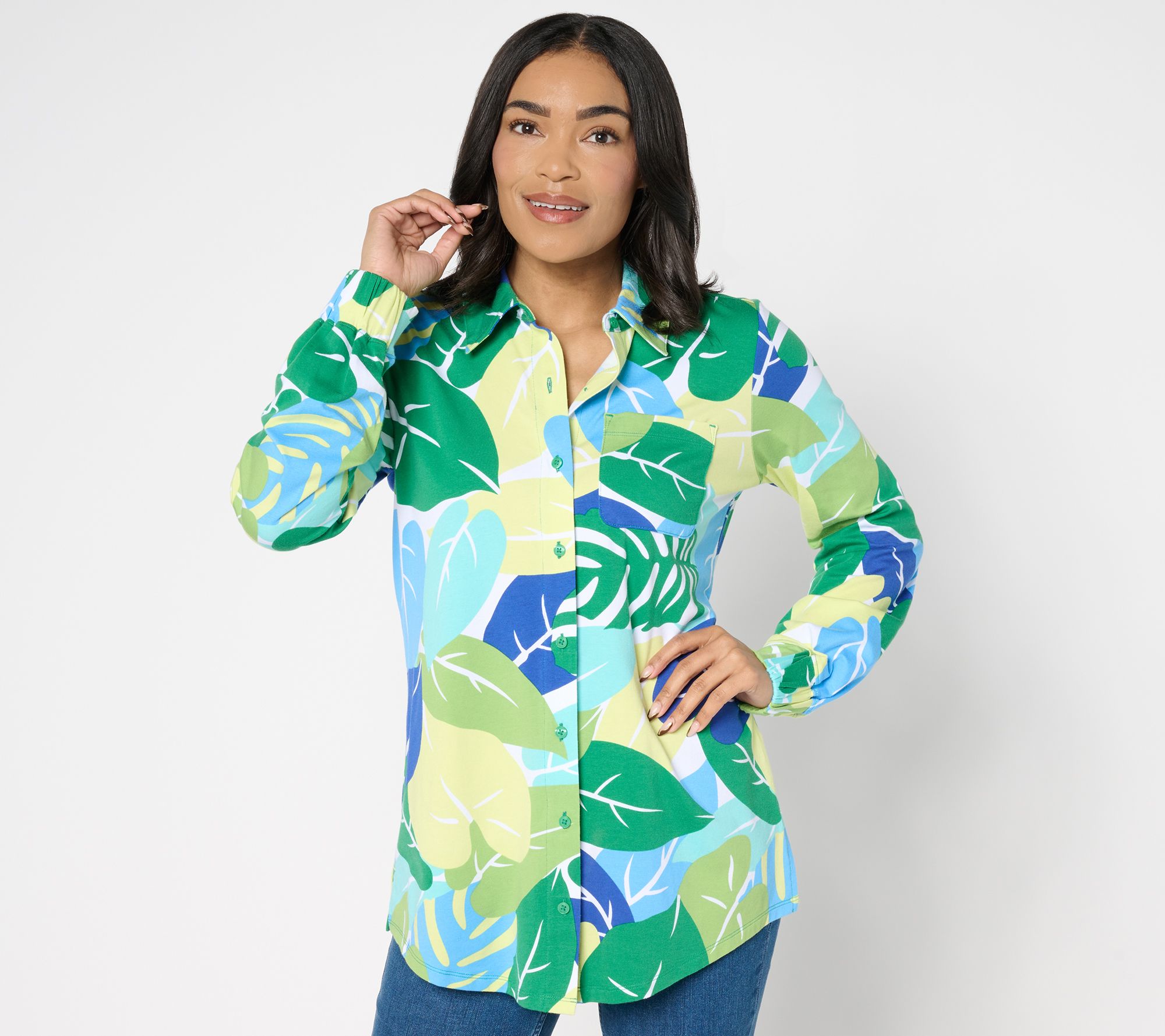 Denim & Co. Beach Jersey Petite Button Front Printed Tunic