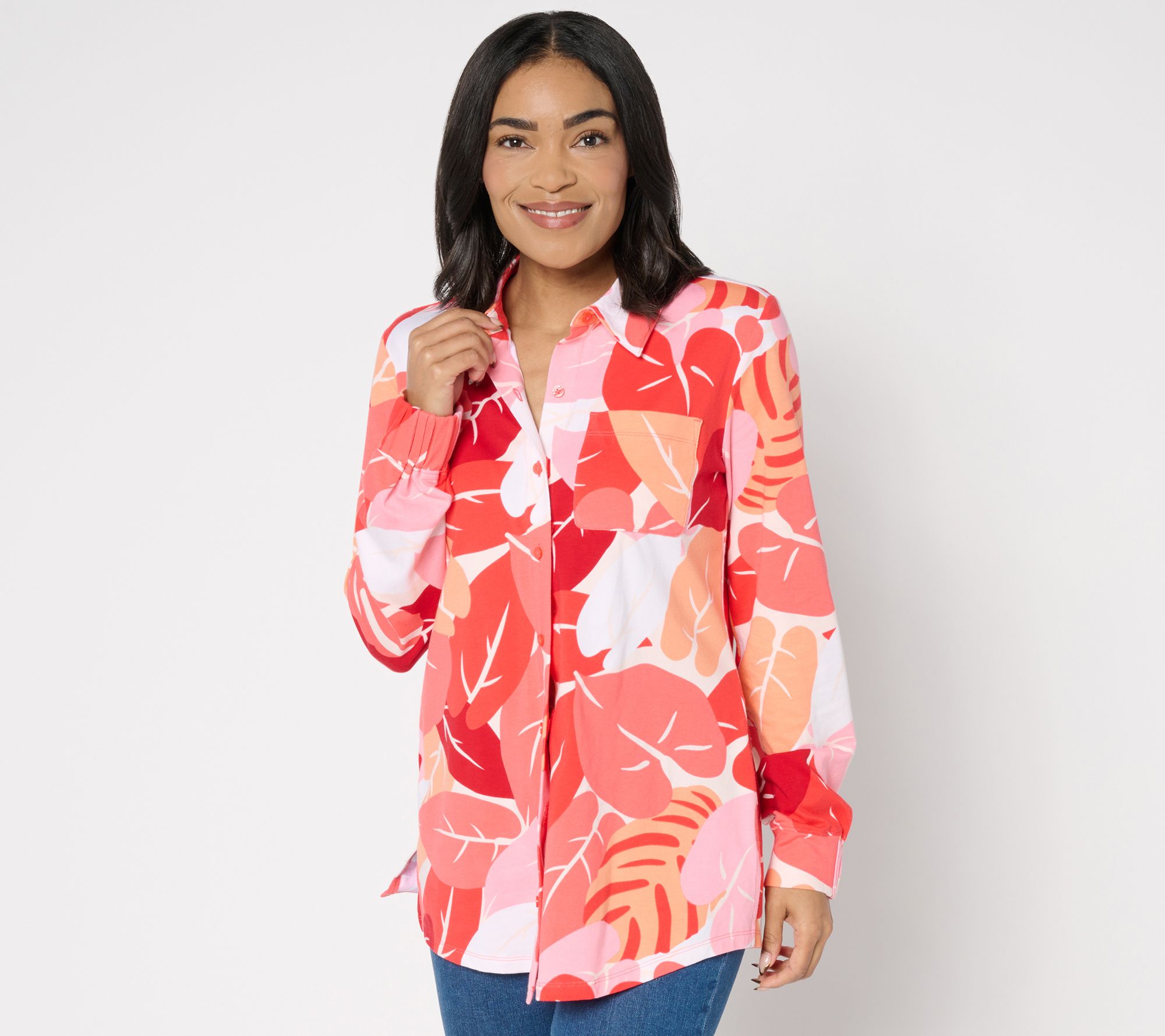 Denim & Co. Beach Jersey Petite Button Front Printed Tunic