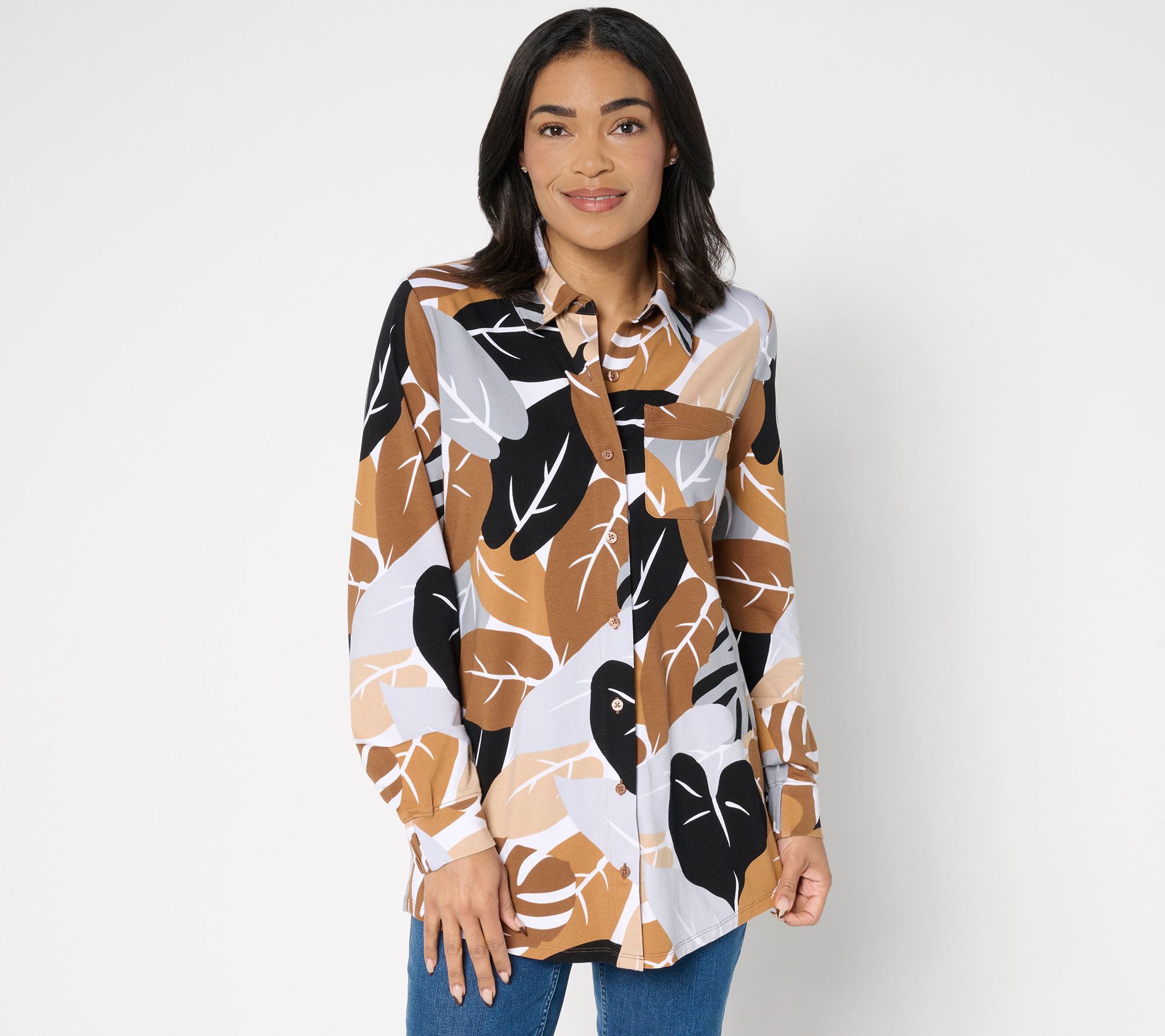 Denim & Co. Beach Jersey Petite Button Front Printed Tunic