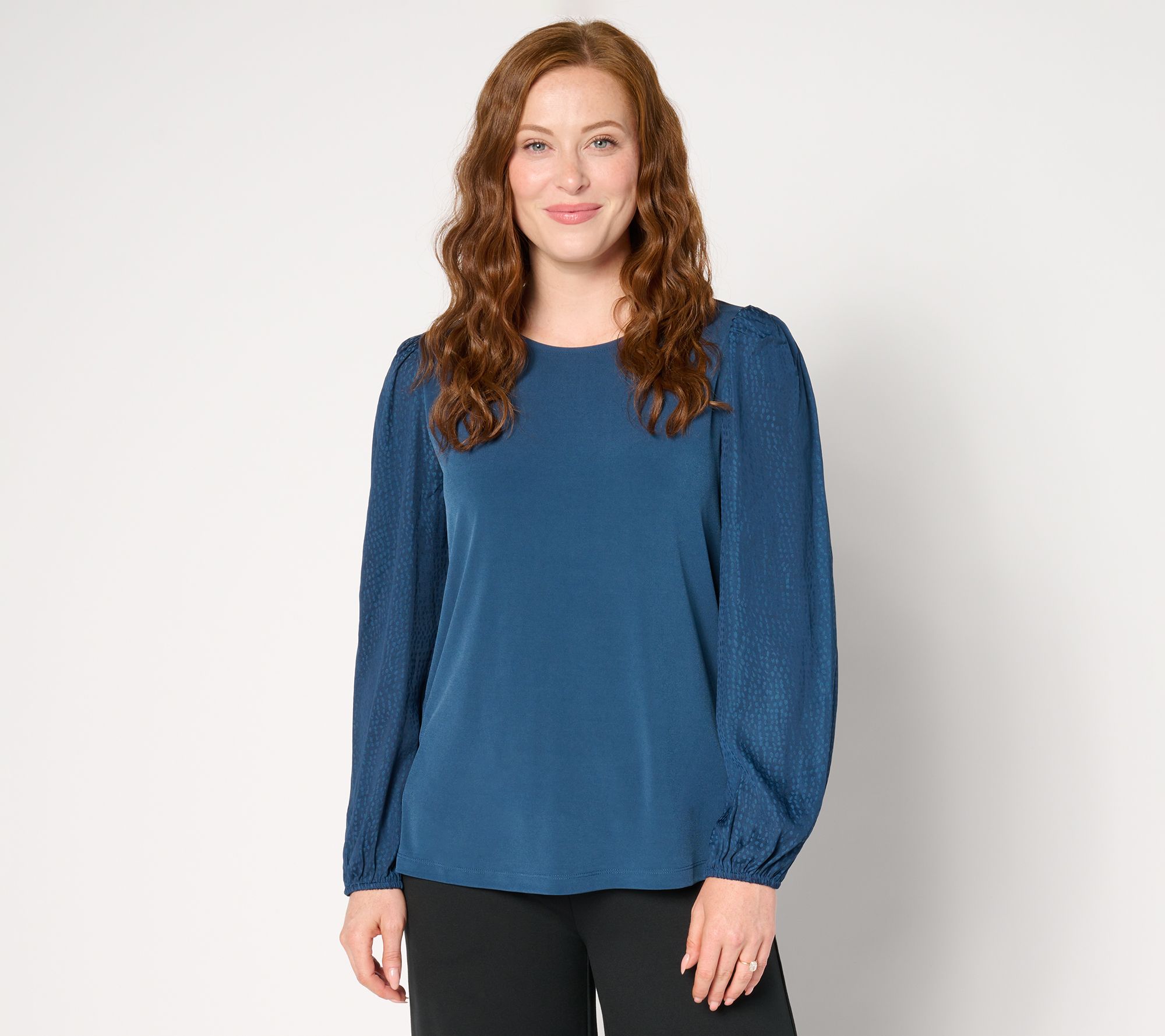 "As Is" Susan Graver Liquid Knit Top w/ Woven Puffed Sleeves