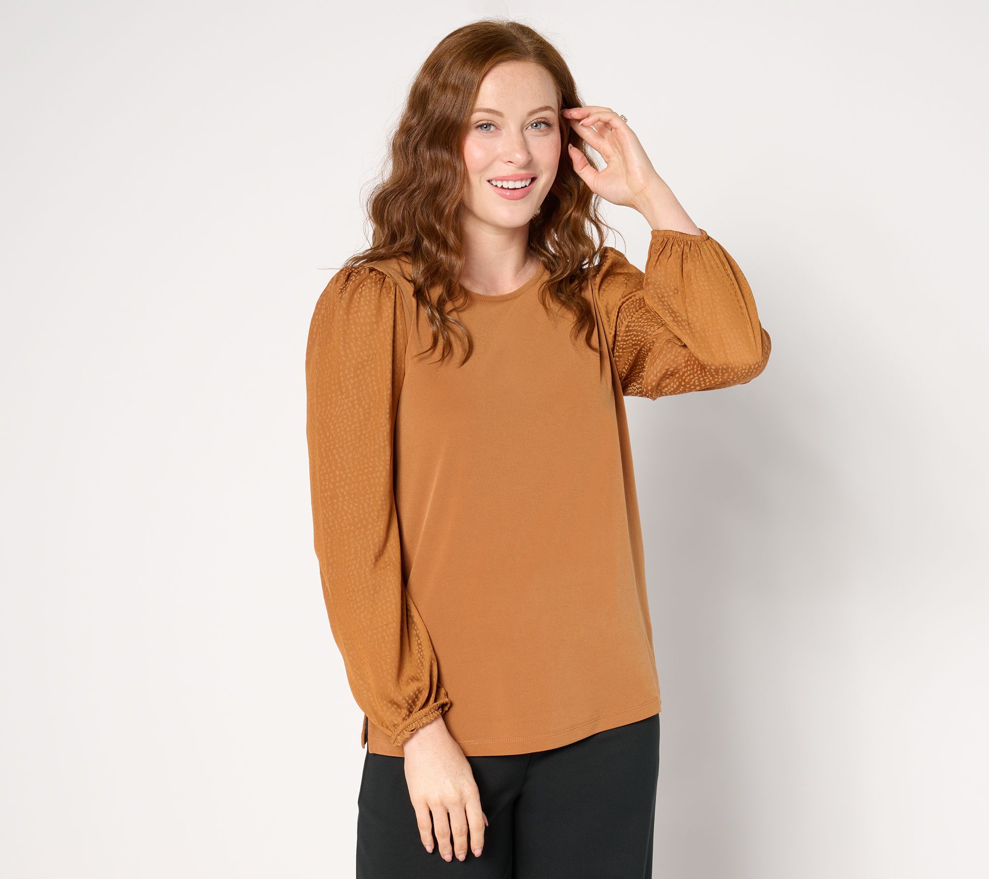 "As Is" Susan Graver Liquid Knit Top w/ Woven Puffed Sleeves