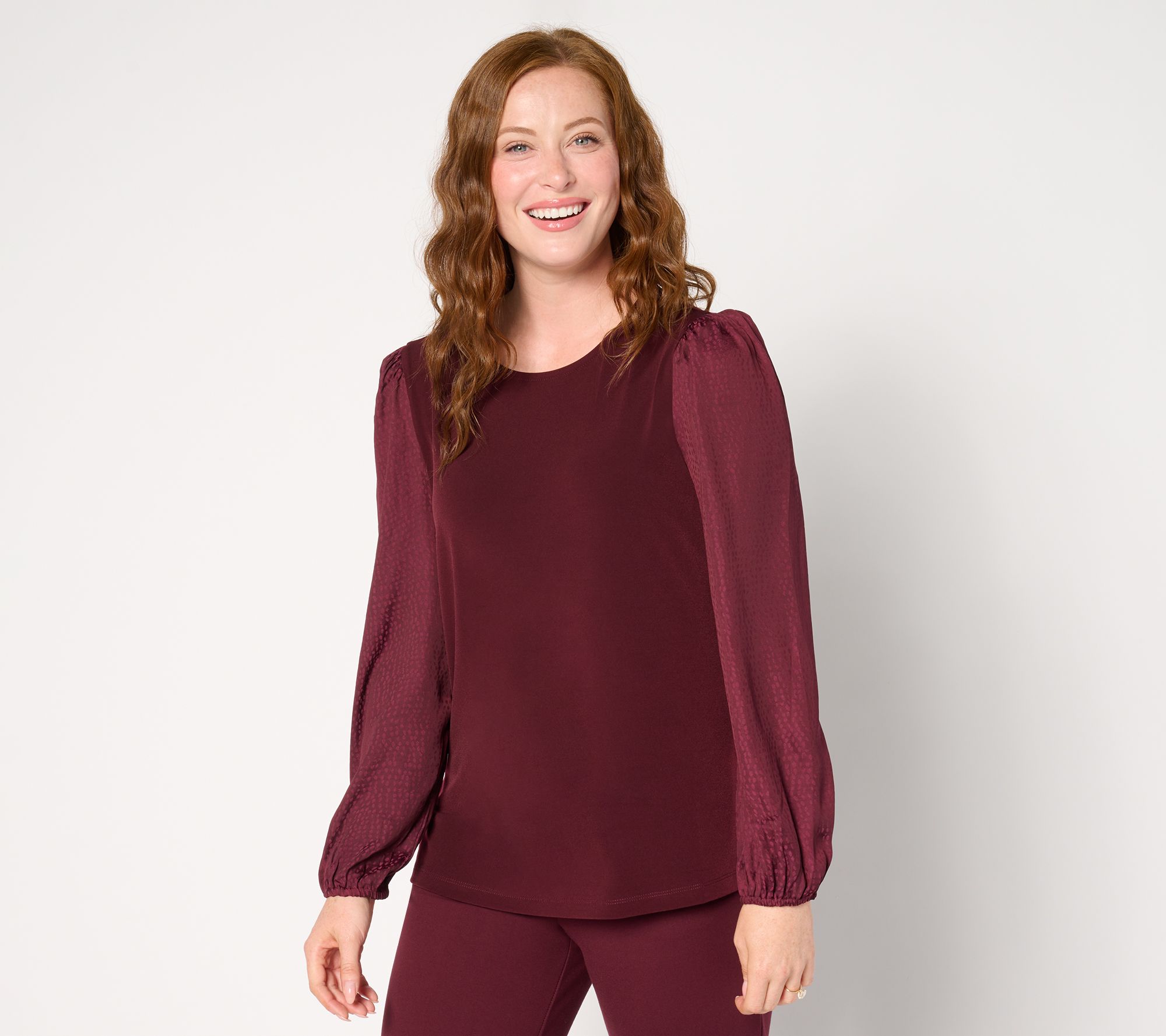 "As Is" Susan Graver Liquid Knit Top w/ Woven Puffed Sleeves