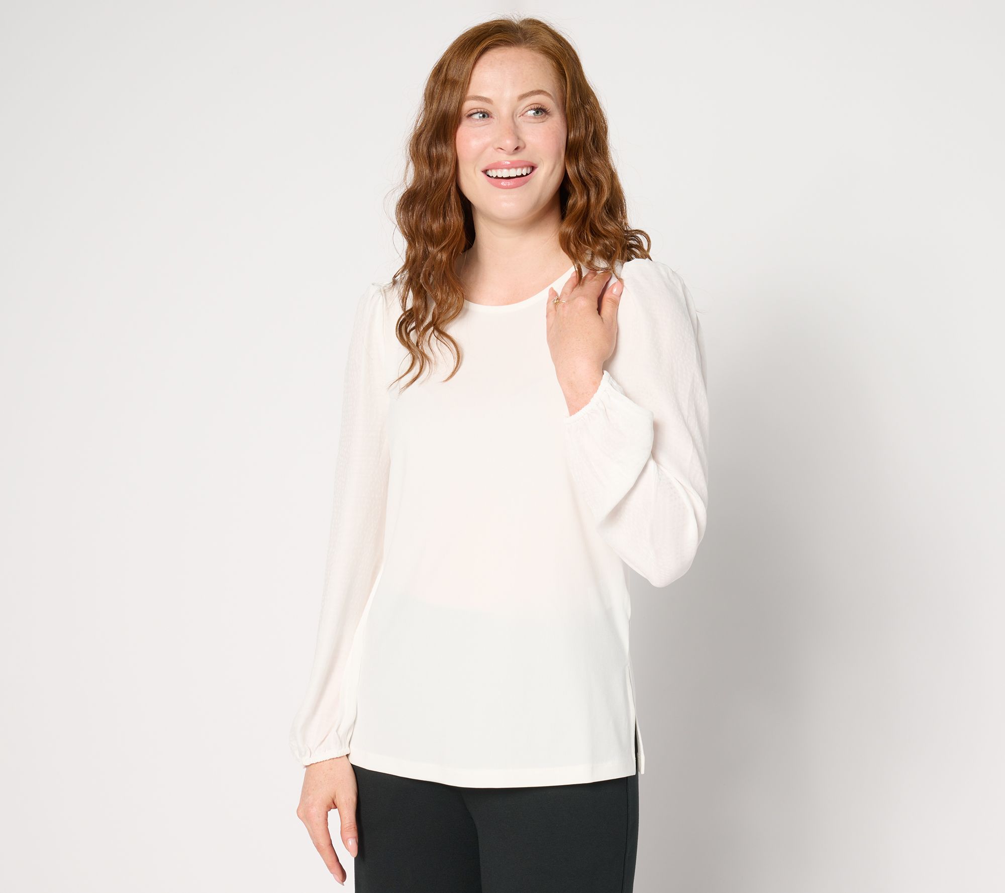"As Is" Susan Graver Liquid Knit Top w/ Woven Puffed Sleeves