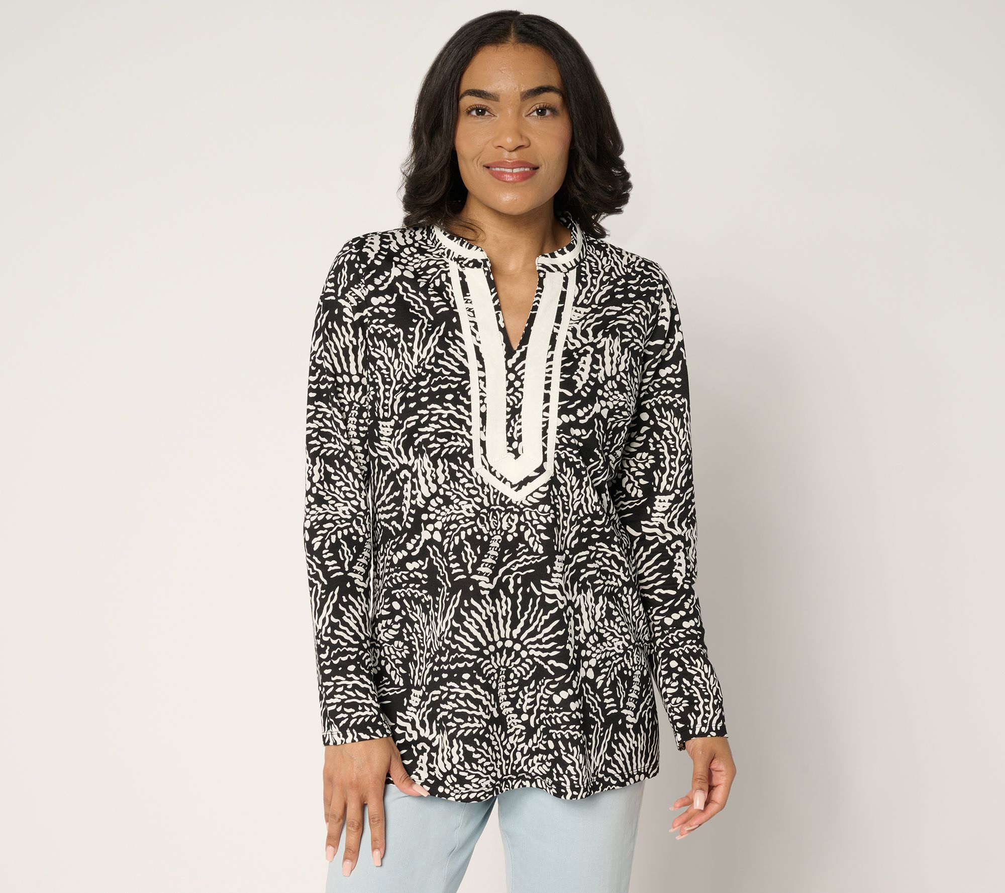 Bellisima by Kim Gravel Petite Cabana Knit Palm Trim Tunic