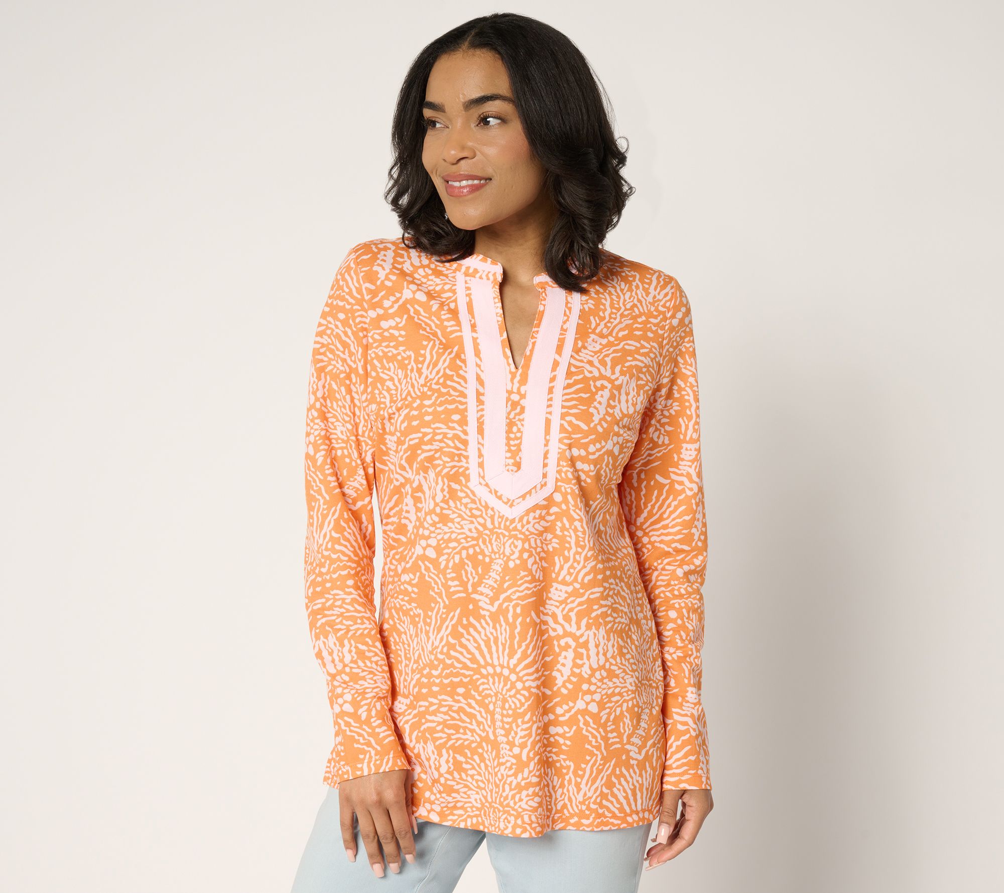 Bellisima by Kim Gravel Petite Cabana Knit Palm Trim Tunic