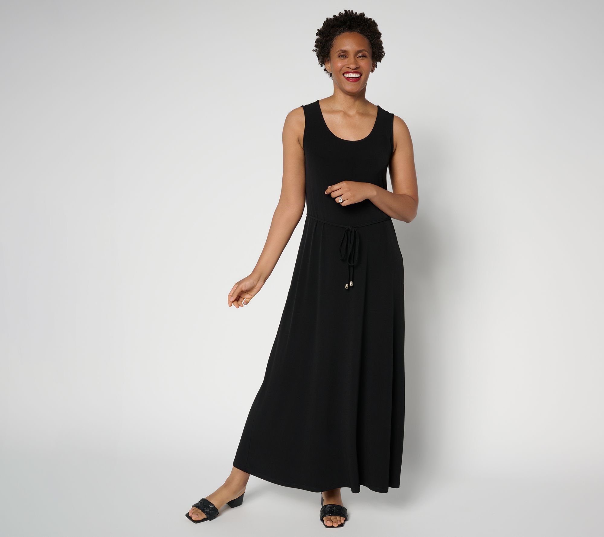 Susan Graver Petite Liquid Knit Belted Scoop Neck Maxi Dress