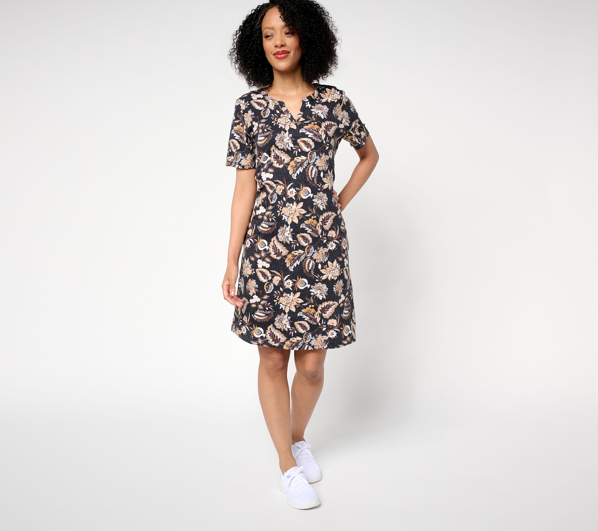 Denim & Co. Active Petite French Terry Split Neck Dress