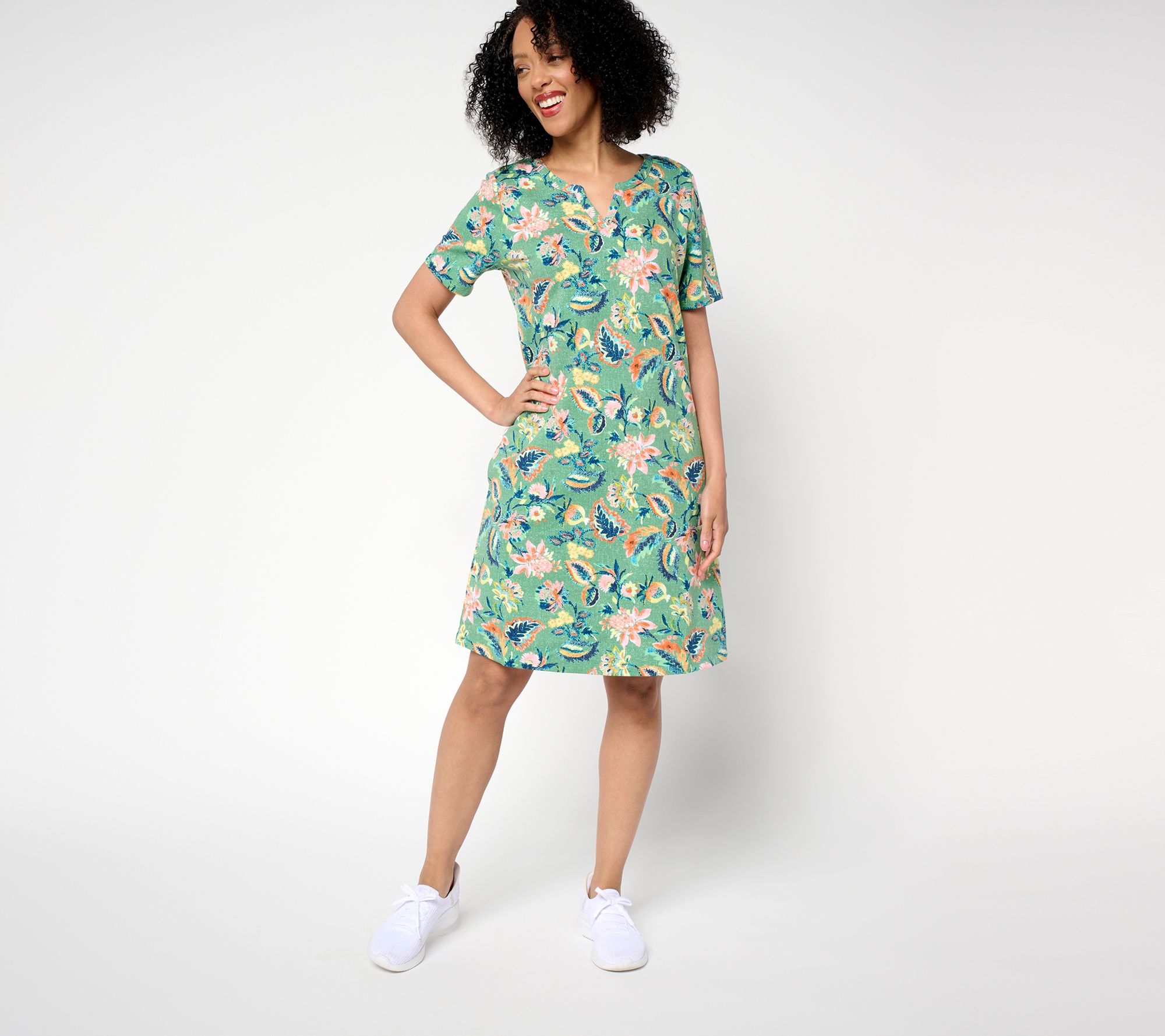 Denim & Co. Active Petite French Terry Split Neck Dress
