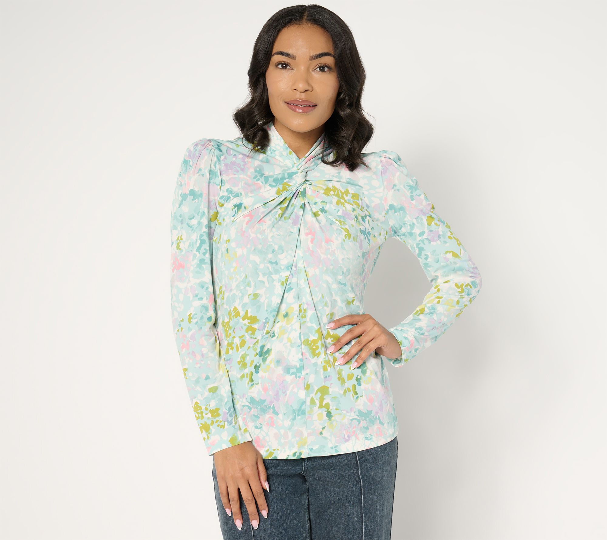 "As Is" Susan Graver Printed Liquid Knit Twist Front Mock Neck Top