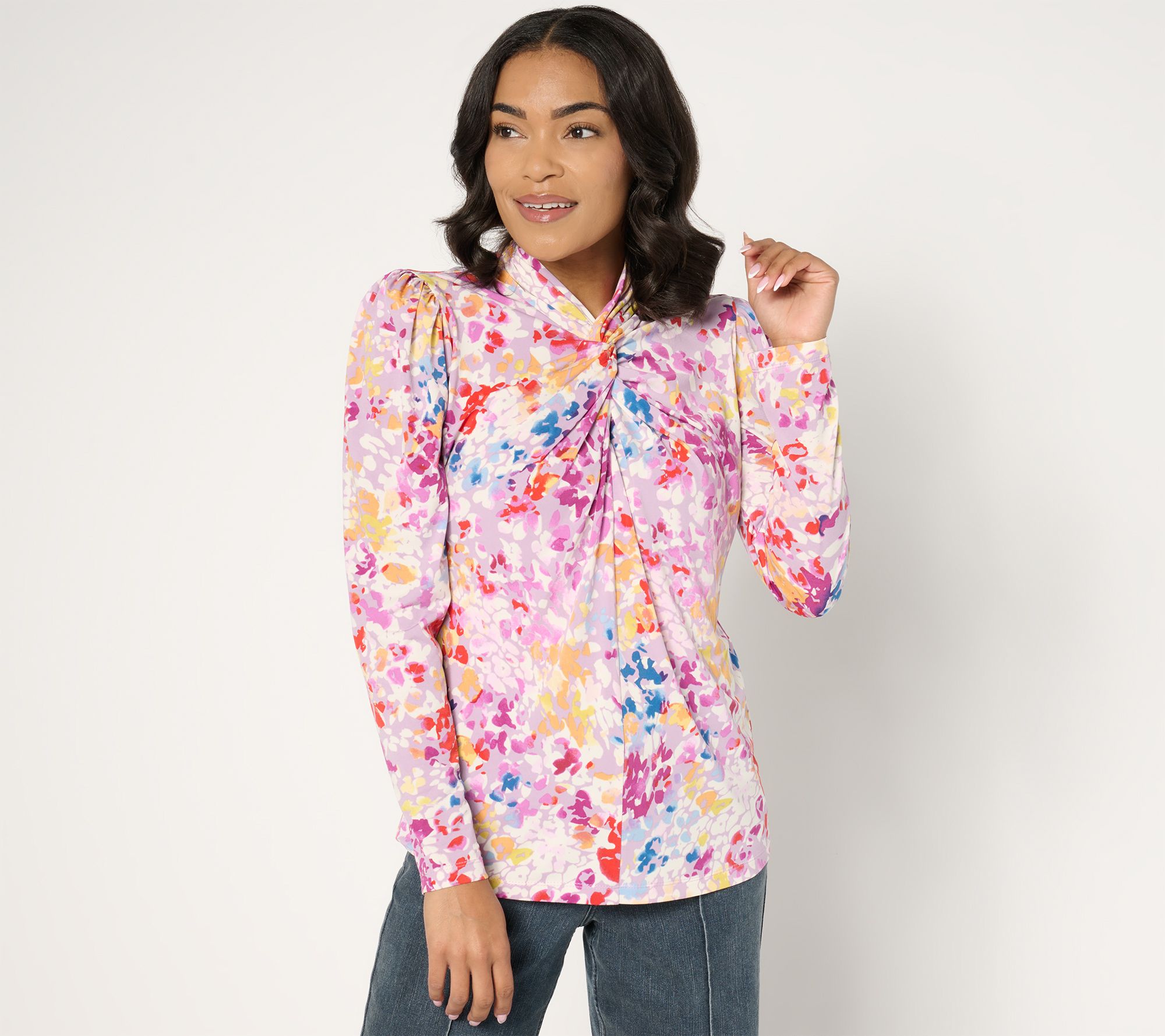 "As Is" Susan Graver Printed Liquid Knit Twist Front Mock Neck Top