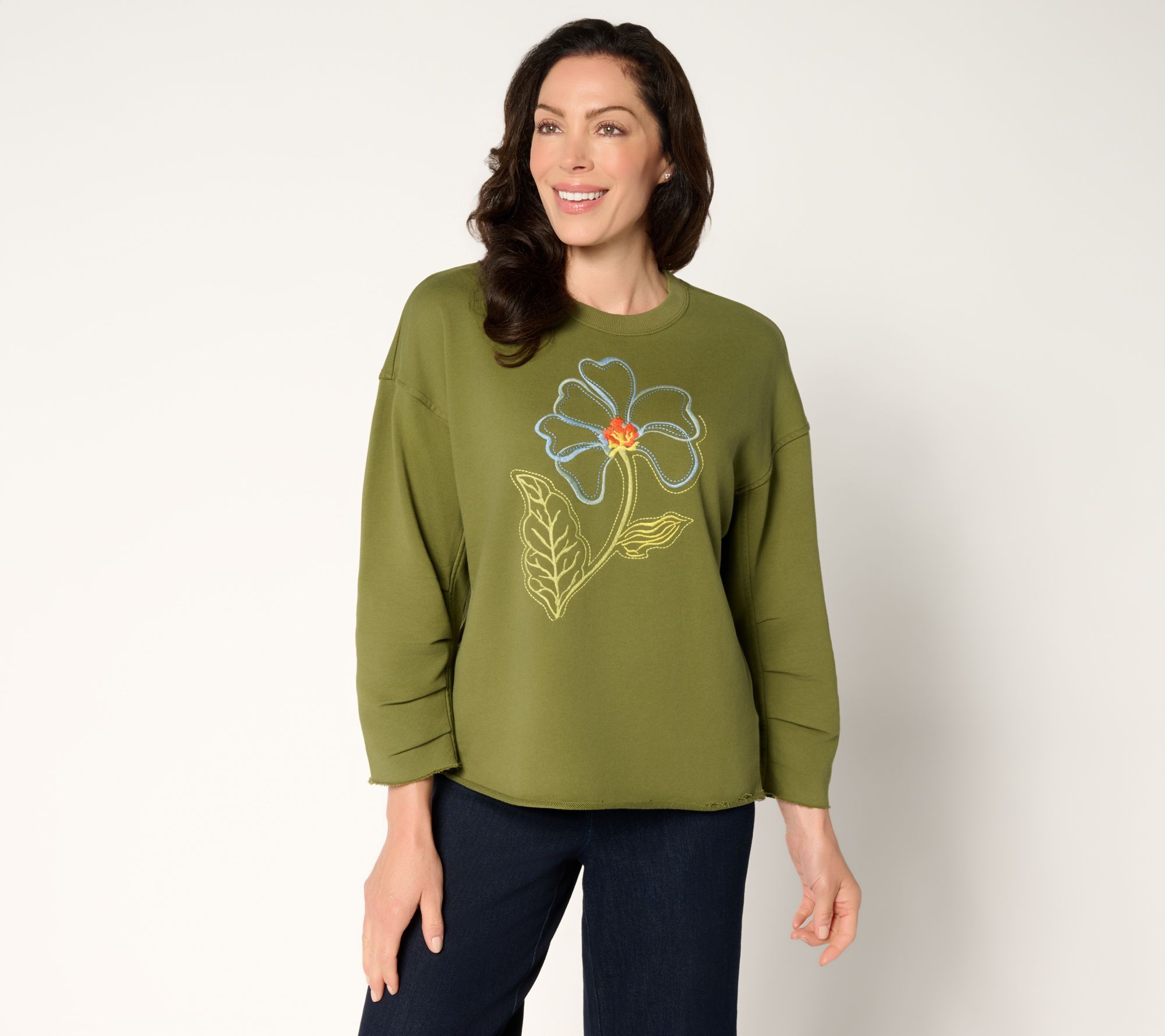 Driftwood Jeans French Terry Gathered Sleeve Pullover - Green