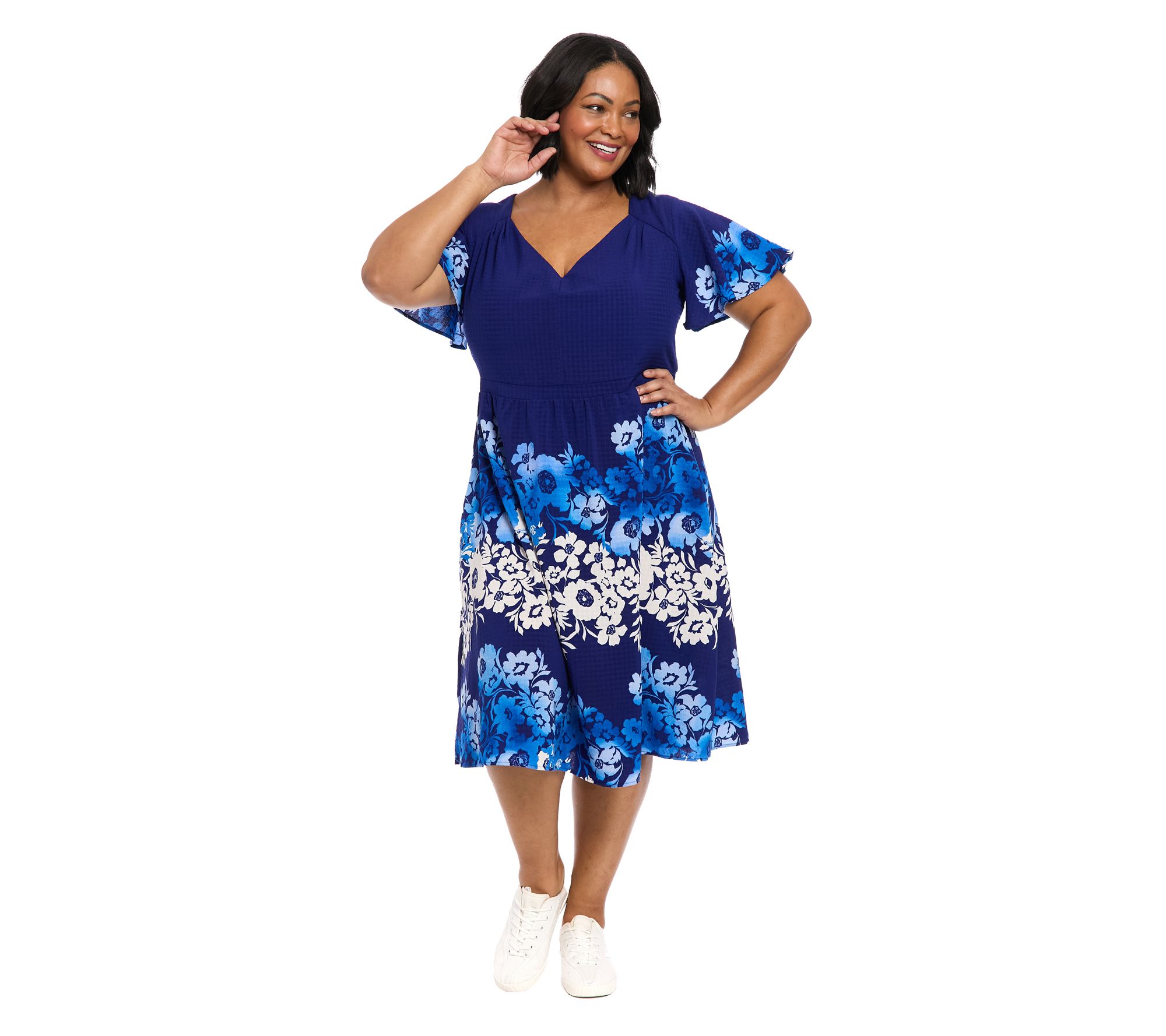 London Times Flutter Sleeve Floral Print MidiDress