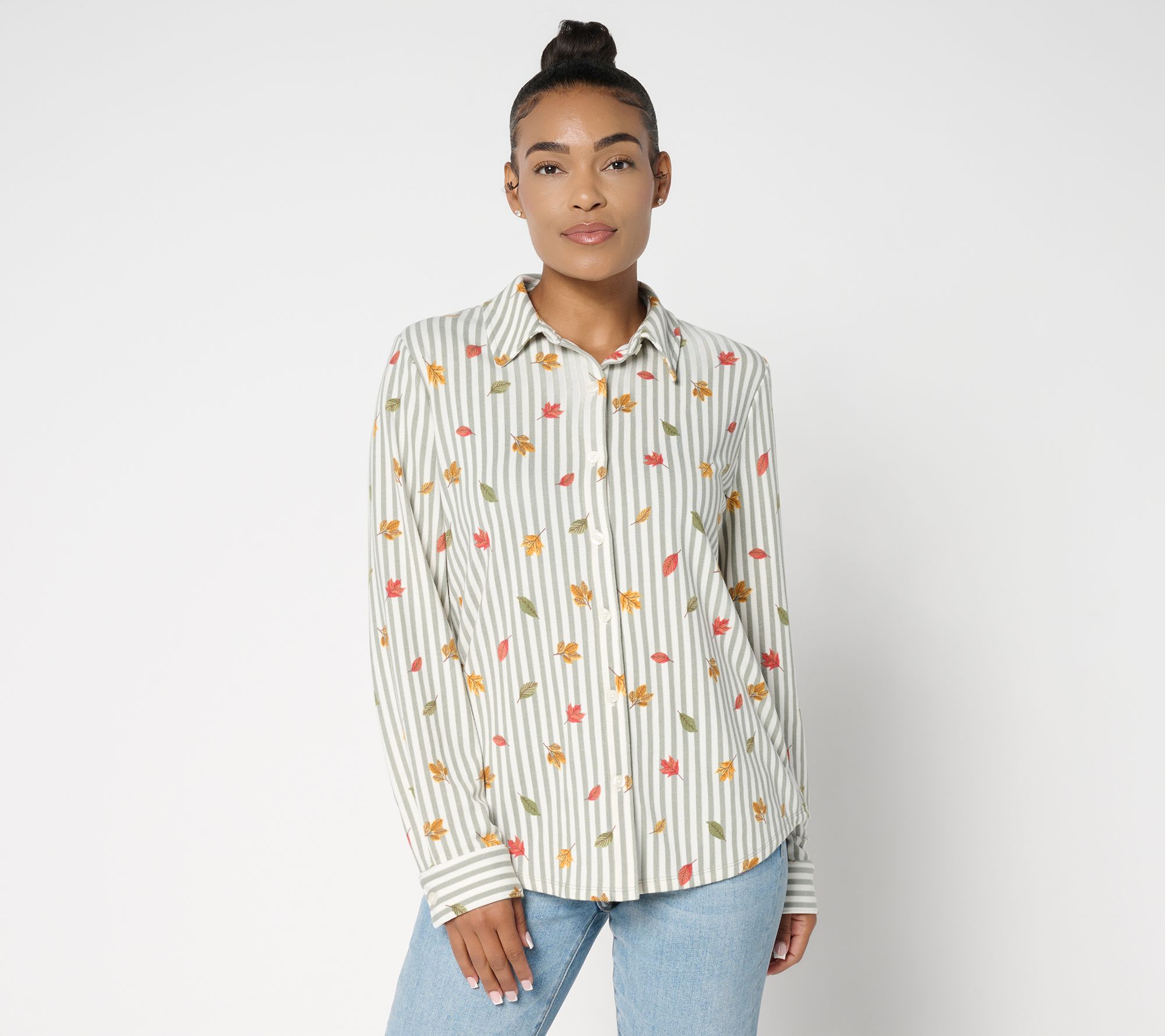 Denim & Co. Heavenly Jersey Button Front Fall Leaf Print Striped Top