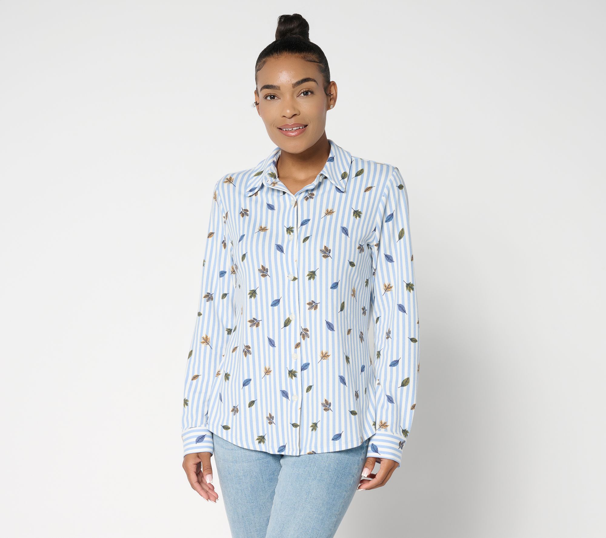 Denim & Co. Heavenly Jersey Button Front Fall Leaf Print Striped Top