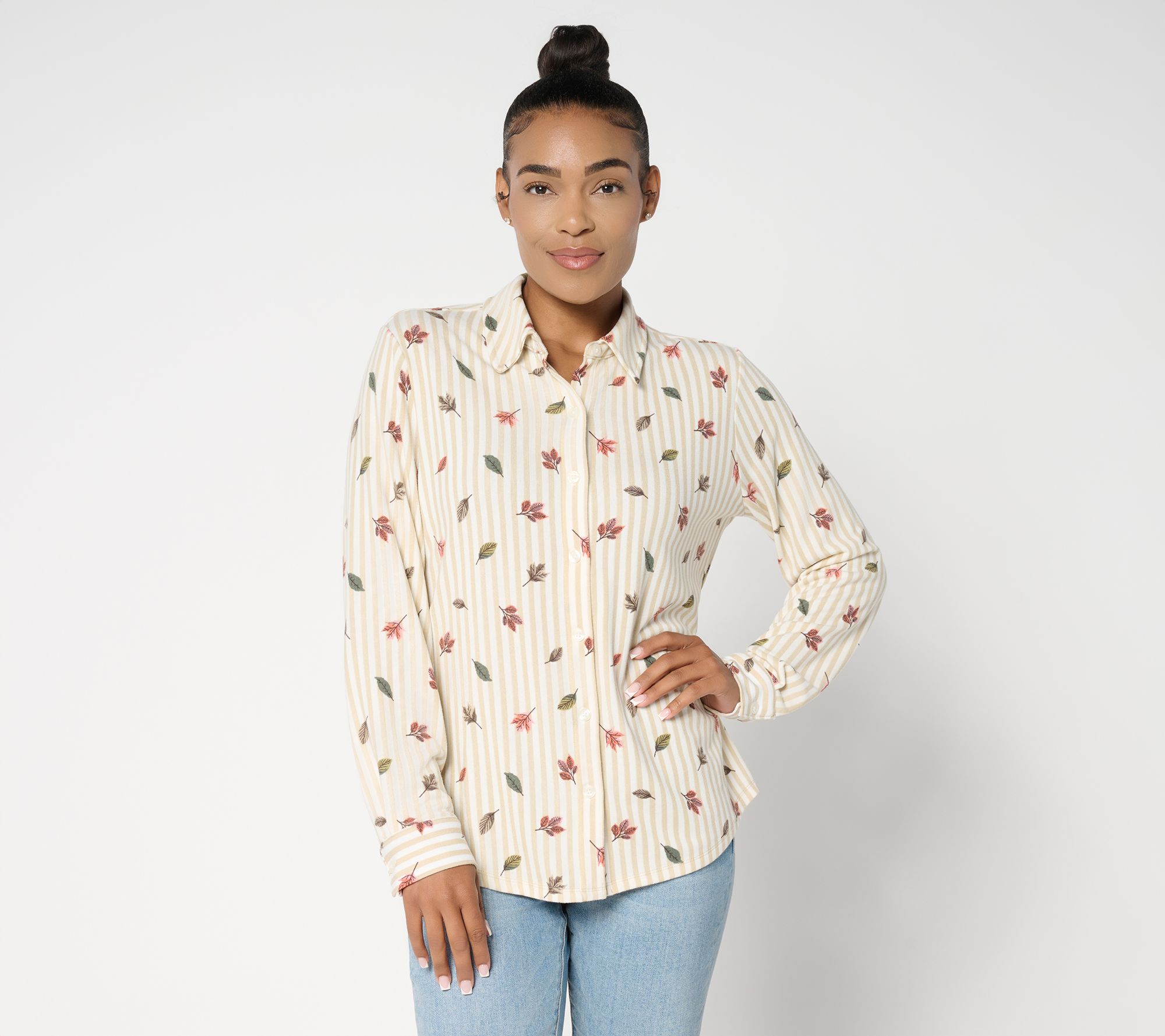 Denim & Co. Heavenly Jersey Button Front Fall Leaf Print Striped Top