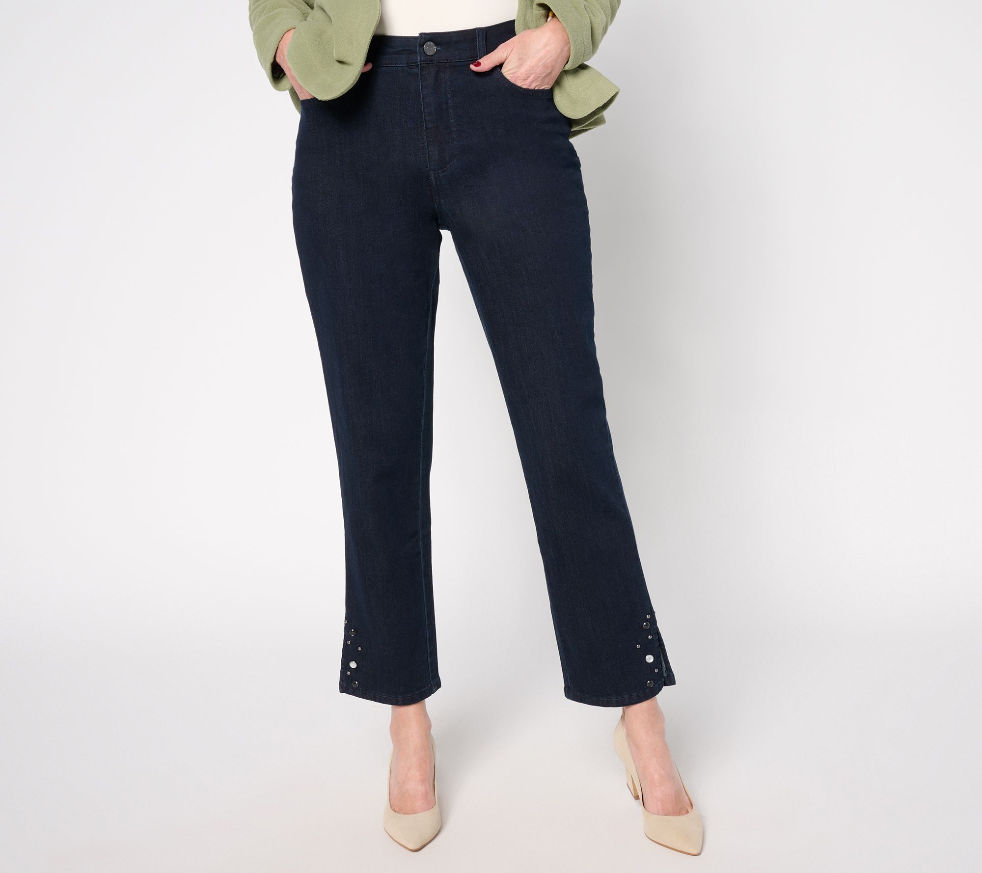 "As Is" Susan Graver Regular Straight Leg Ankle Jean w/ Embellished Hem