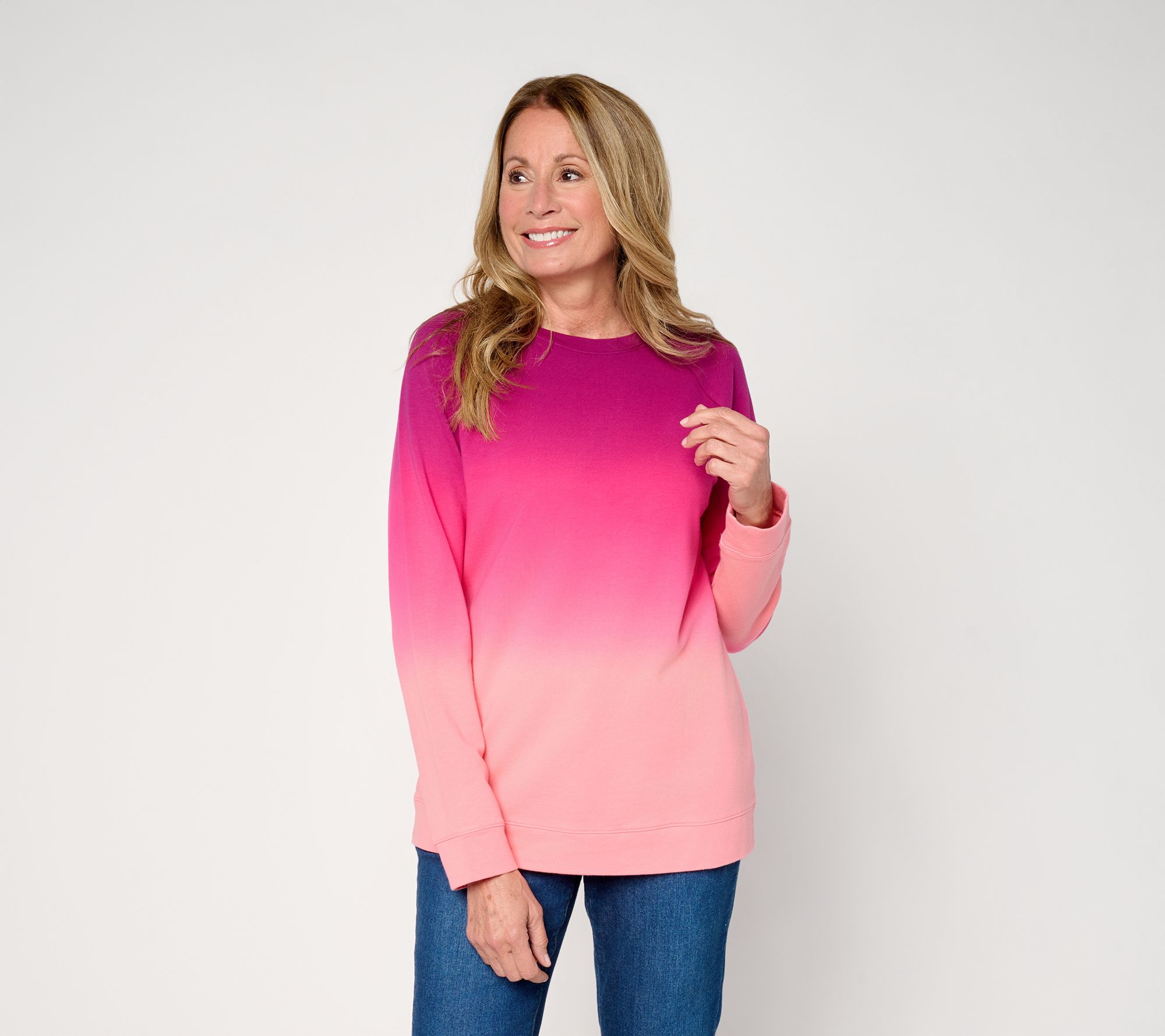  Denim & Co. French Terry Dip Dye Crew Neck Raglan Top