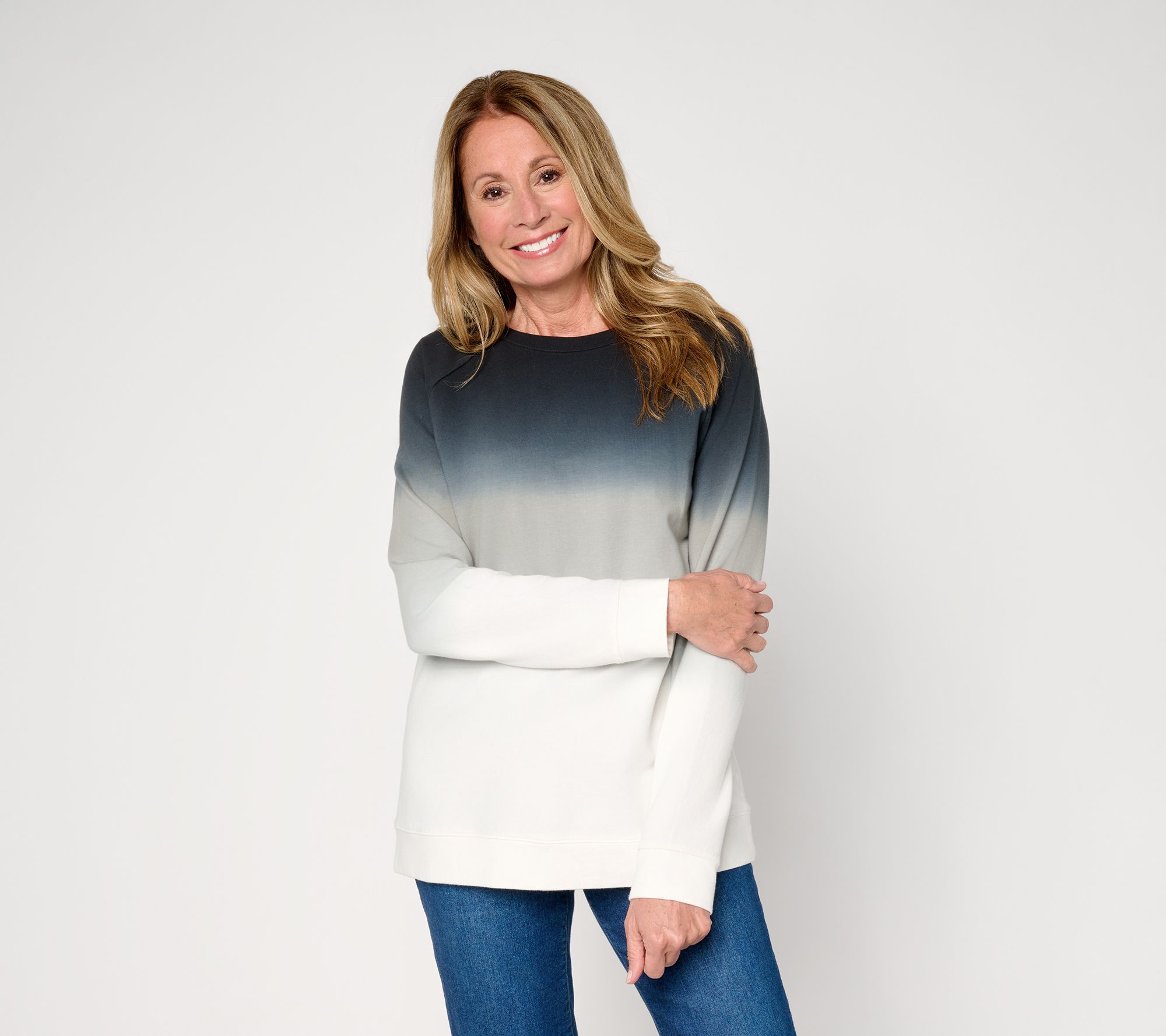 Denim & Co. French Terry Dip Dye Crew Neck Raglan Top