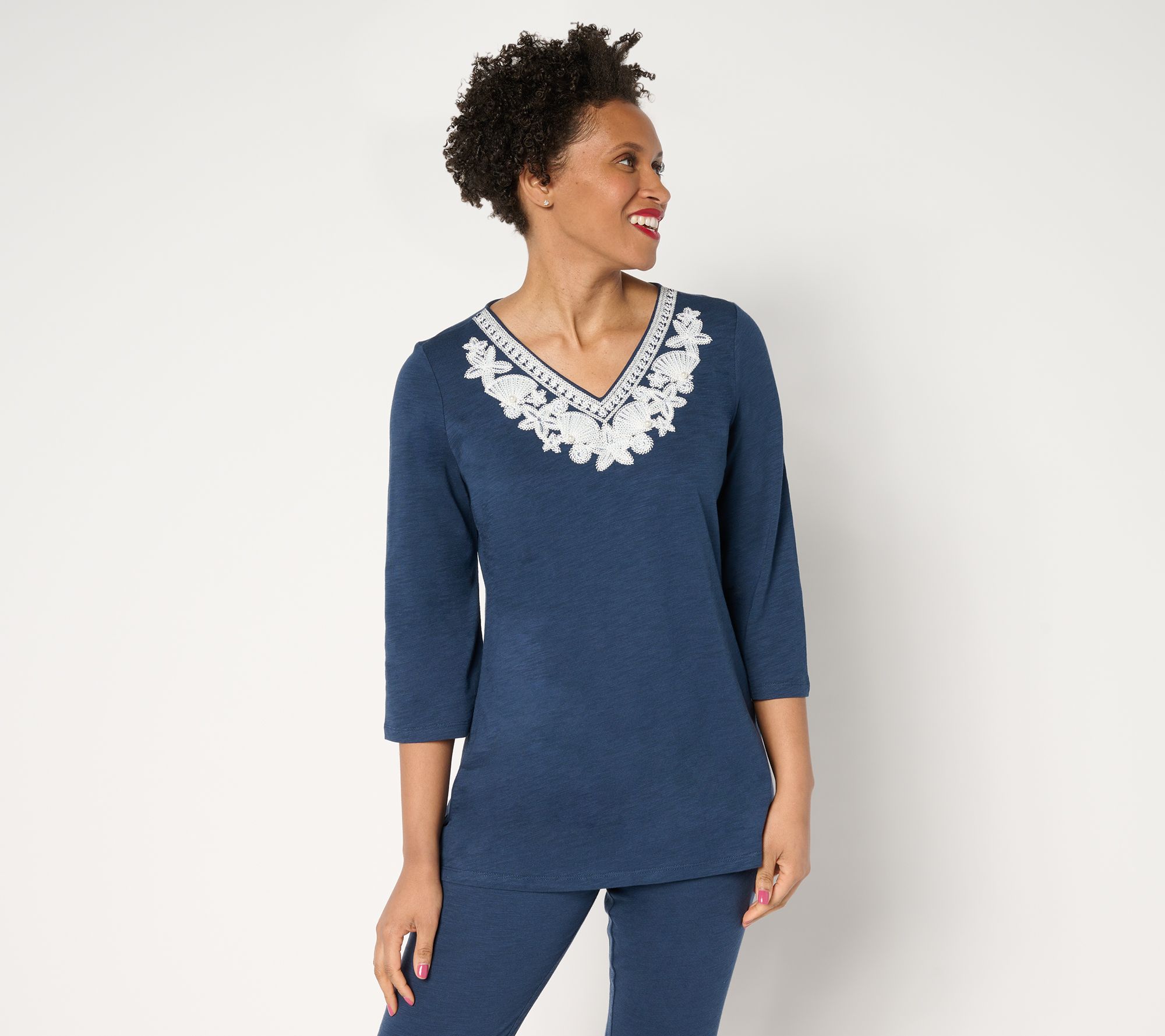 "As Is" Quacker Factory Under the Sea Embroidered V-Nk Tunic Tank