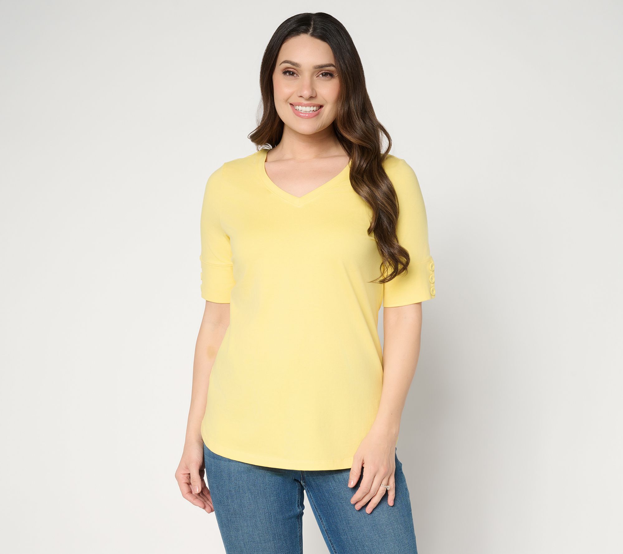 Denim & Co. Perfect Jersey Elbow Sleeve Top with Button Detail