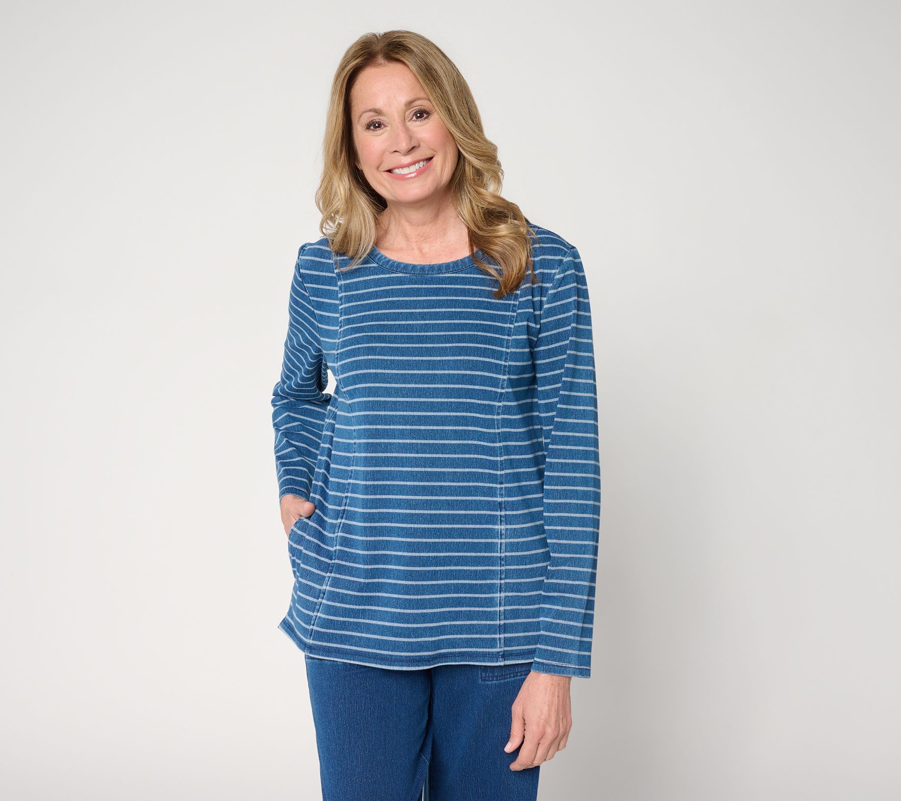 Denim & Co. Comfy Knit Air Striped Long Sleeve Top w/ Pockets