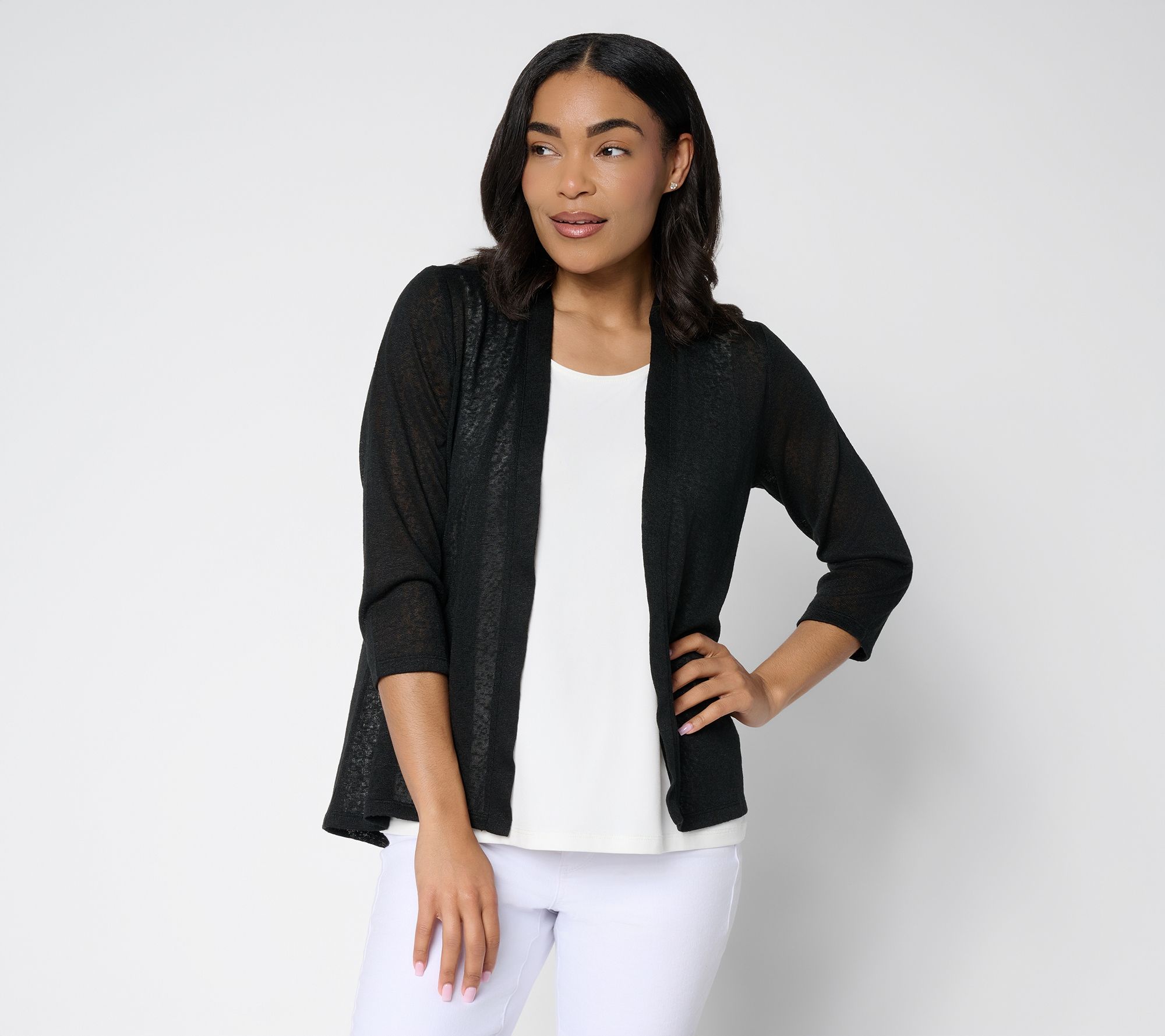 Denim & Co. Slub Knit Open Front 3/4-Sleeve Cardigan