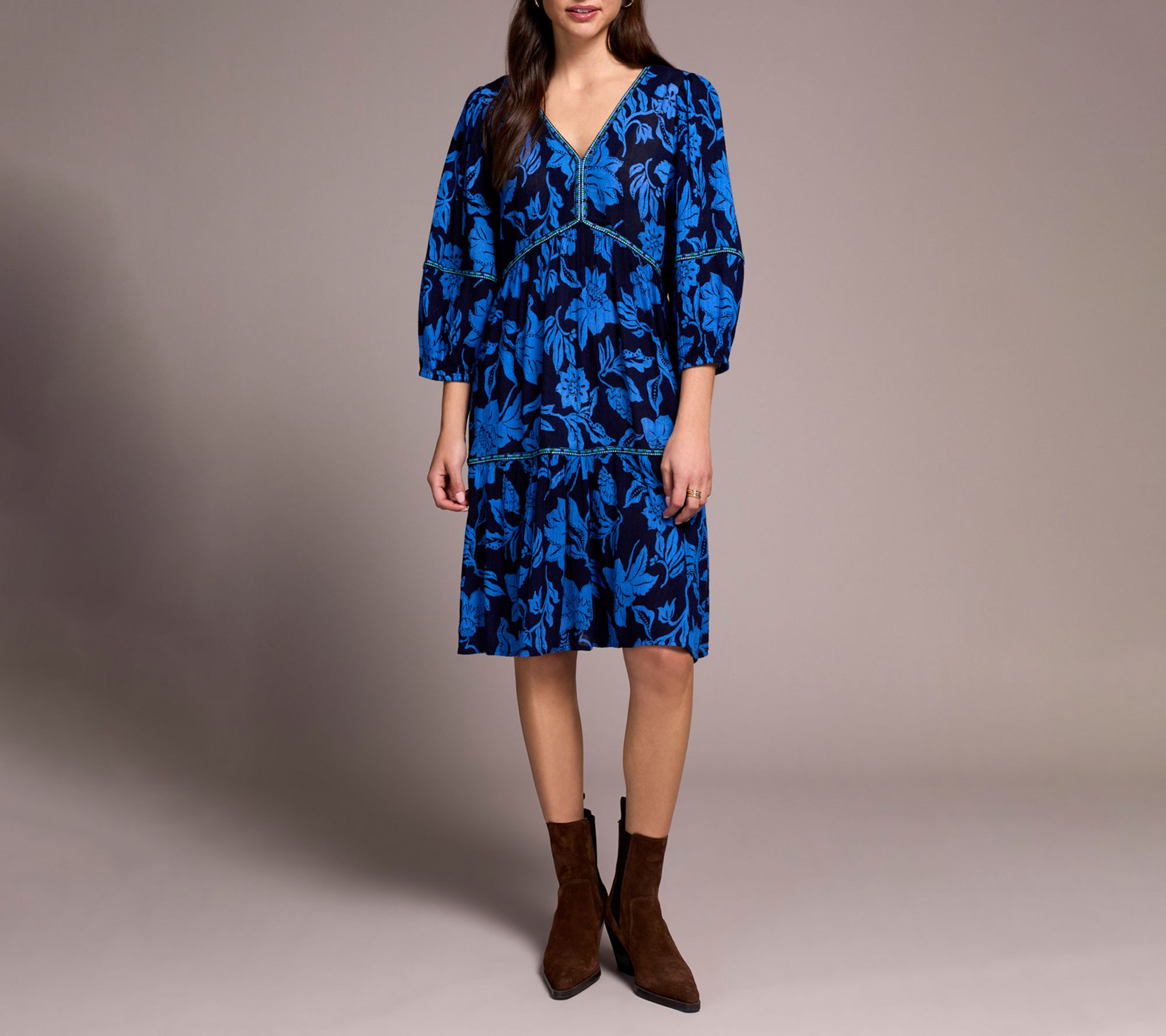 Tribal Printed Jacquard Embroidered V-Neck Dress