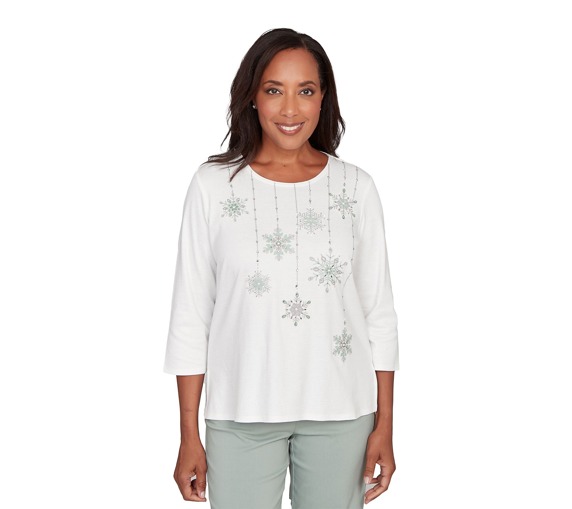 Alfred Dunner Snowflake Pearl Studded Shimmer Top