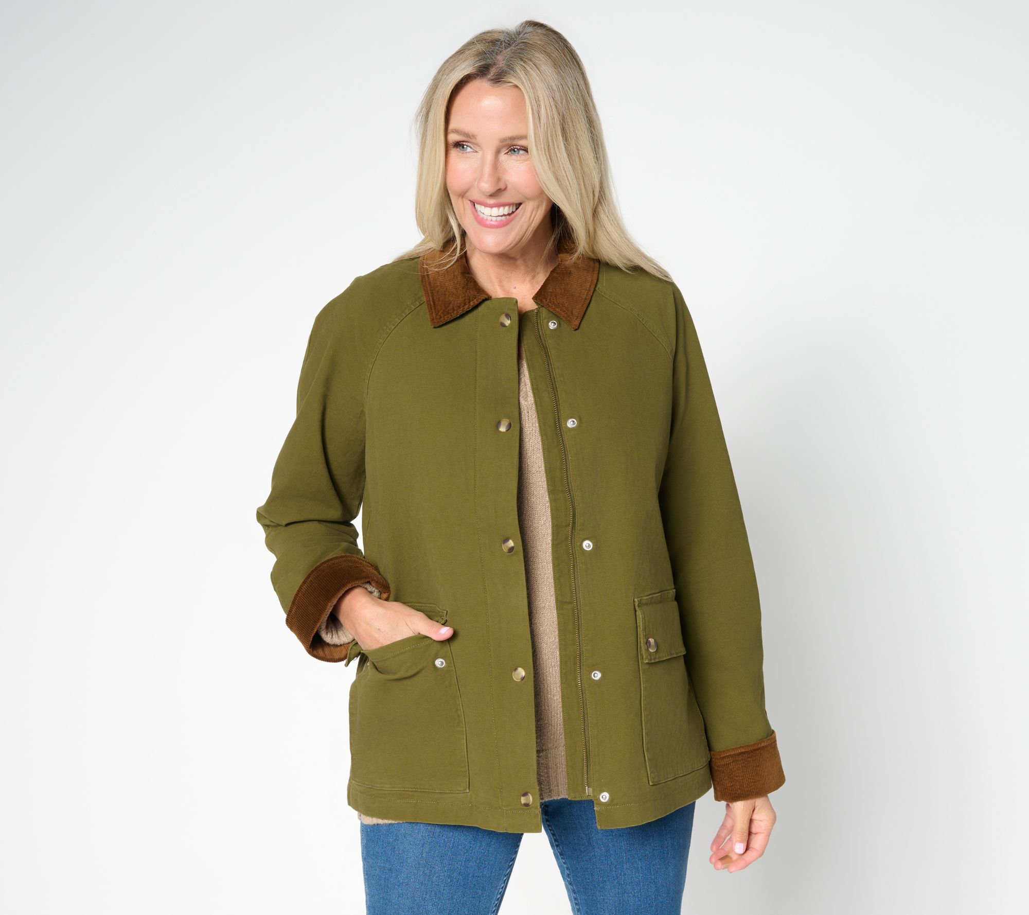 "As Is" Joan Rivers Cotton Field Jacket with Plaid Lining