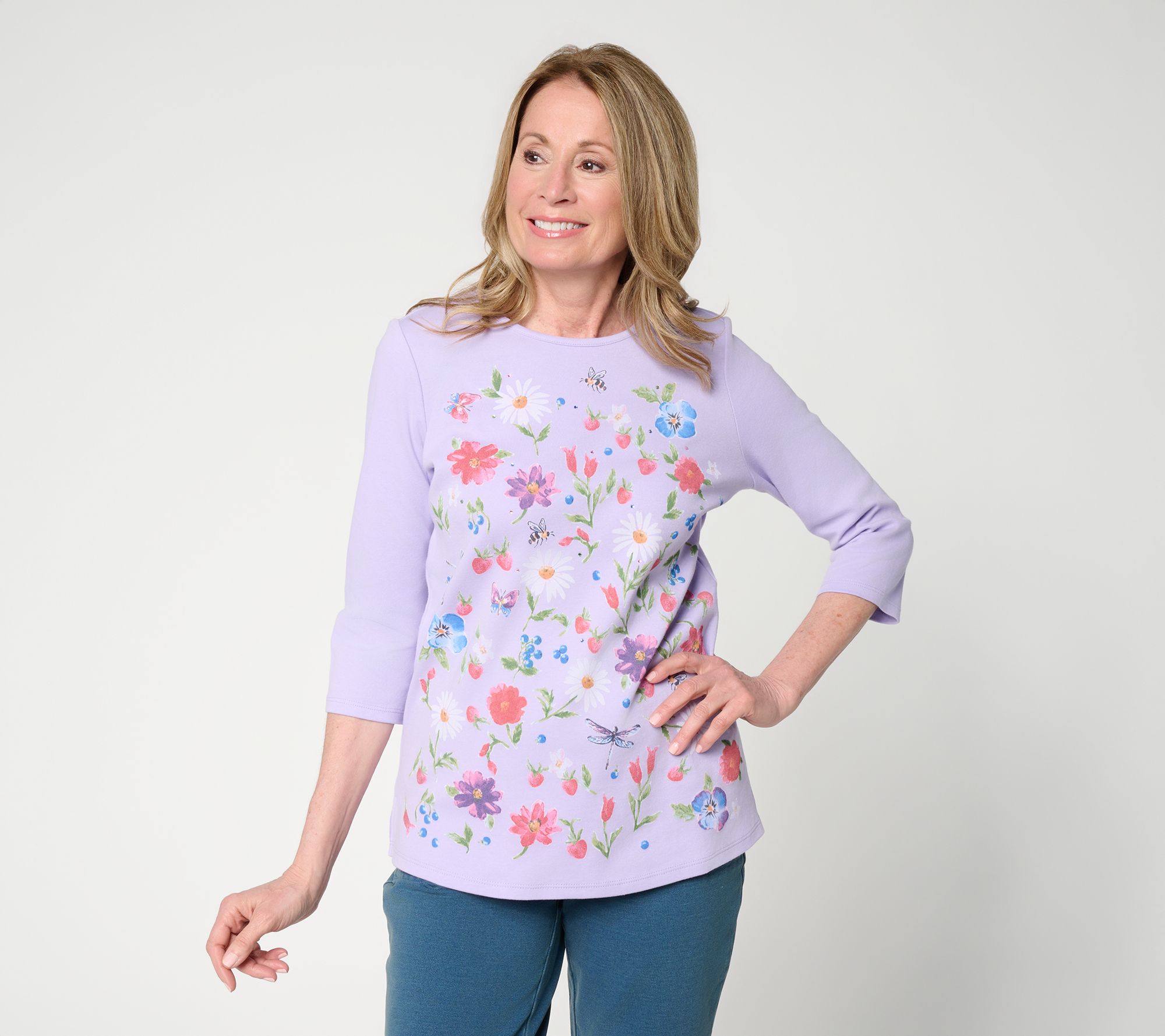 Quacker Factory Secret Garden Printed 3/4 Sleeve Top