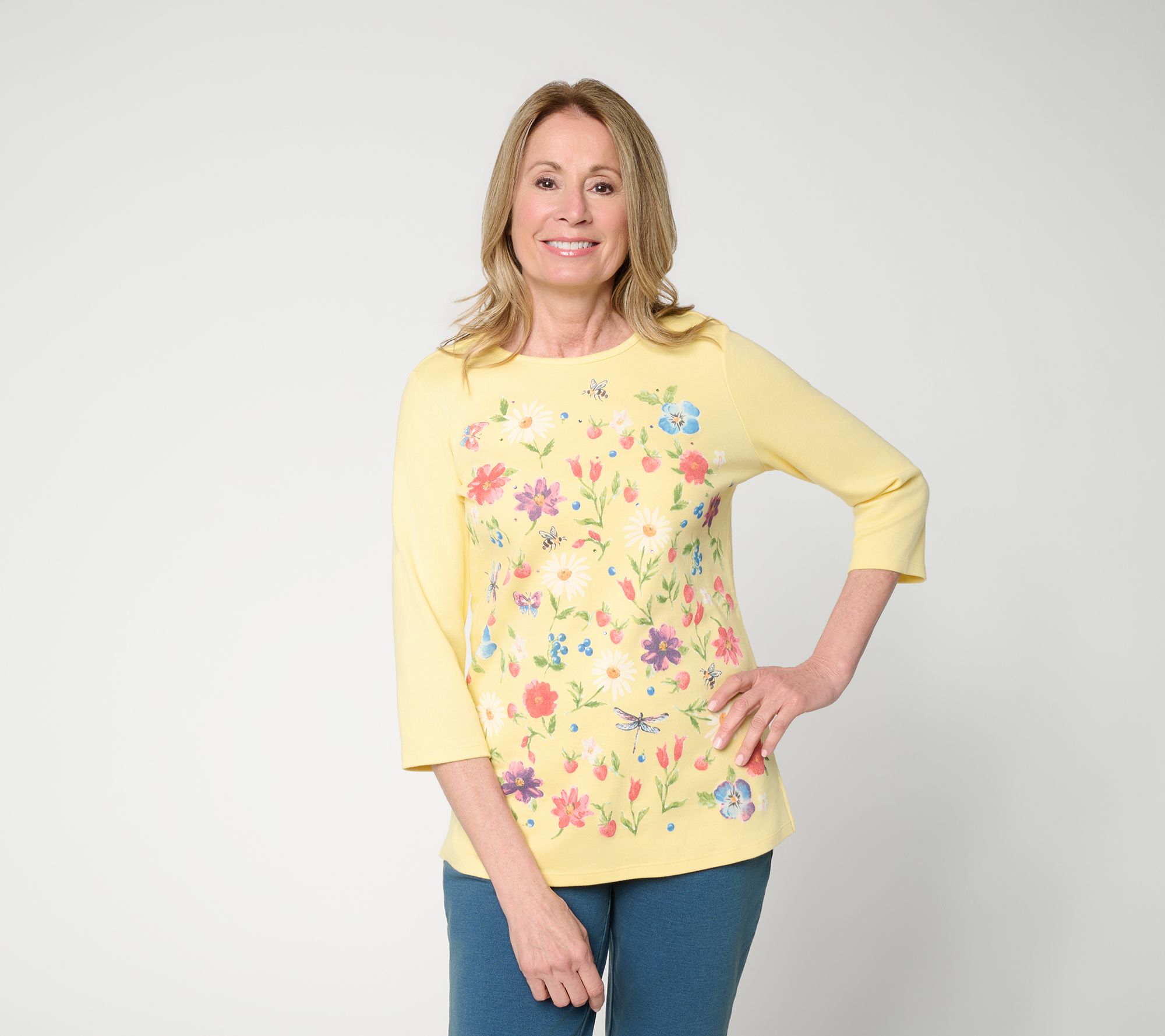 Quacker Factory Secret Garden Printed 3/4 Sleeve Top