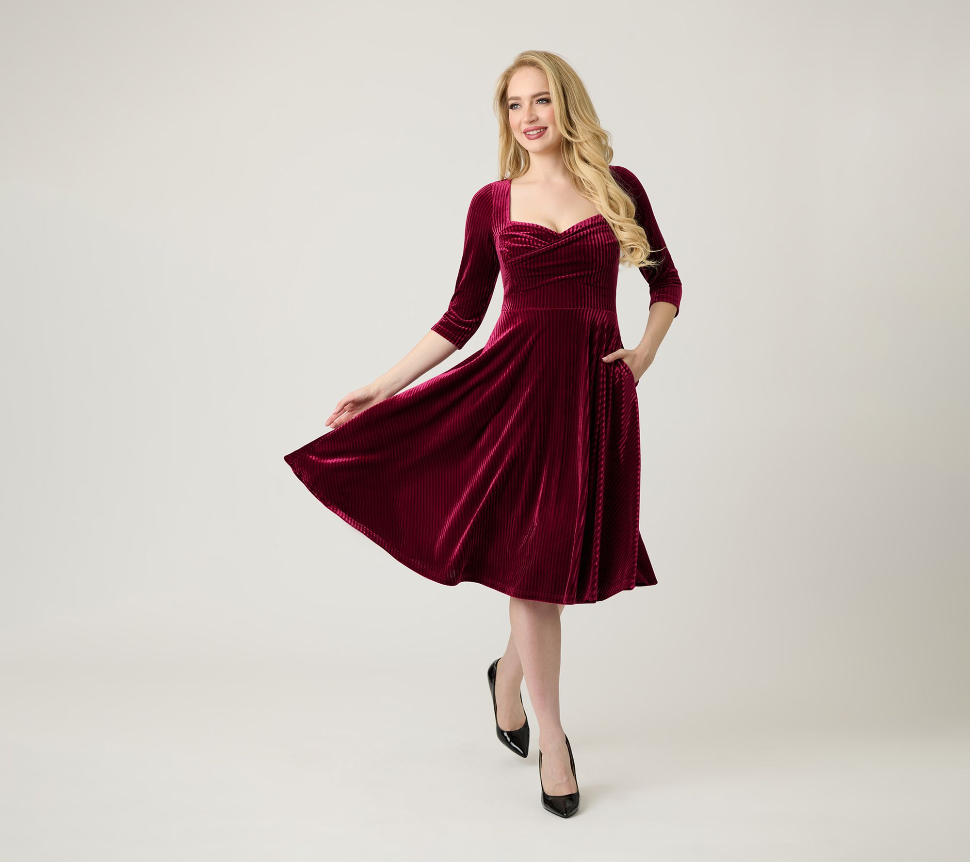 Unique Vintage Merlot Striped Velvet Pleated Bust Swing Dress