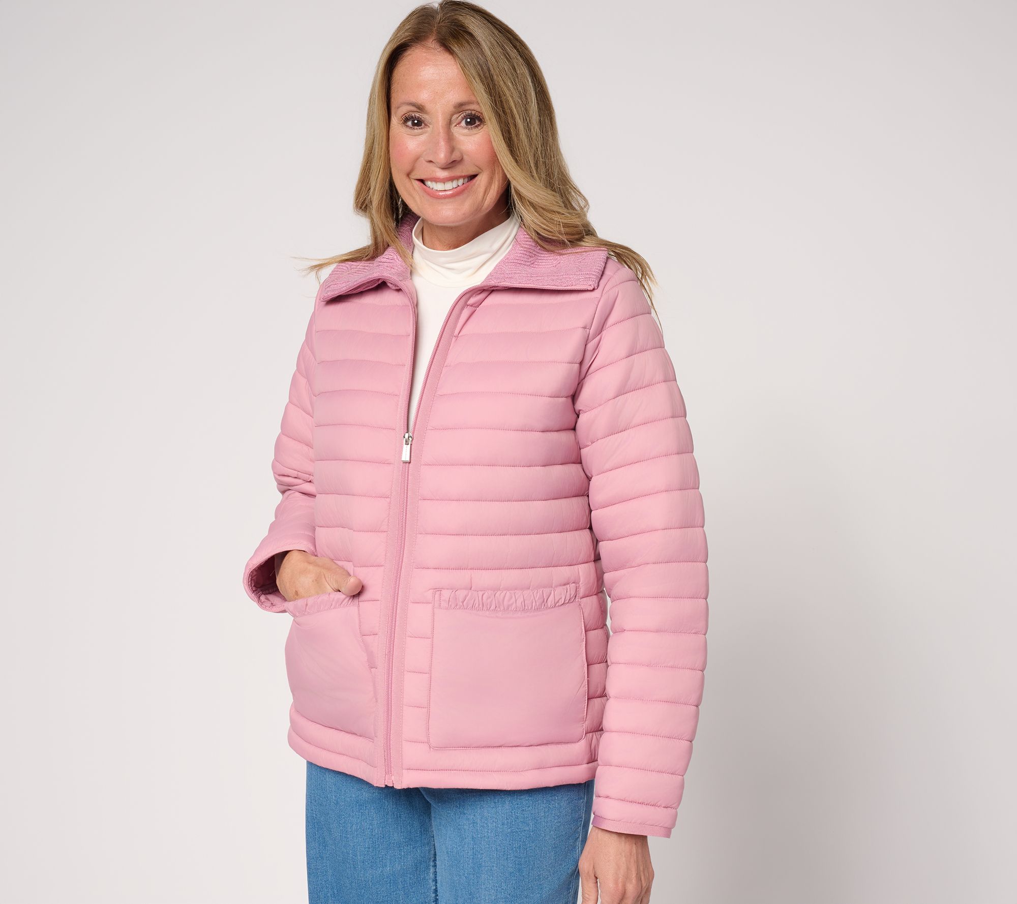 "As Is" Susan Graver Quilted Jacket with Cable Knit Trim