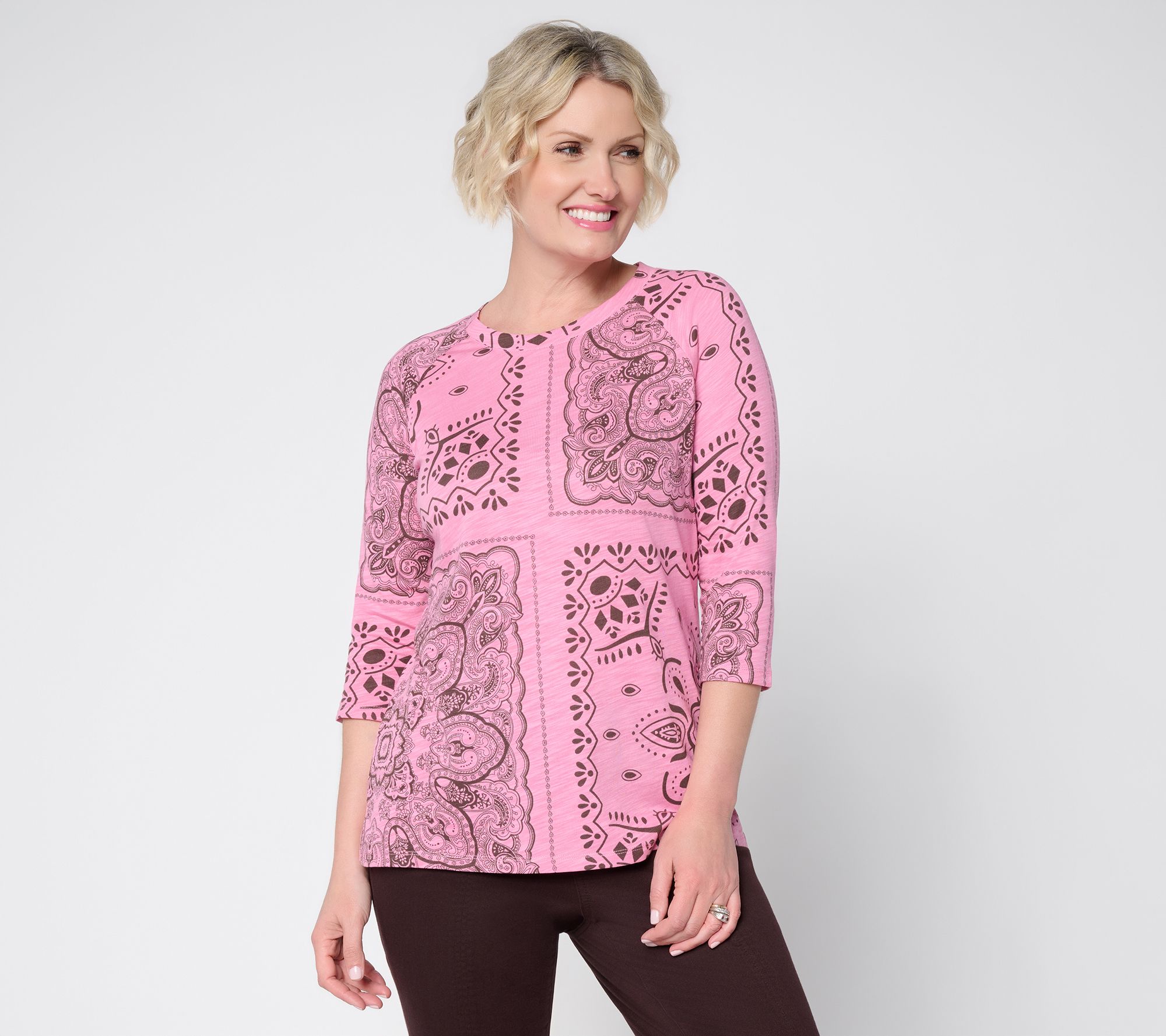 Belle Boho by Kim Gravel Slub Knit Bandana Raglan 3/4 Sleeve Top