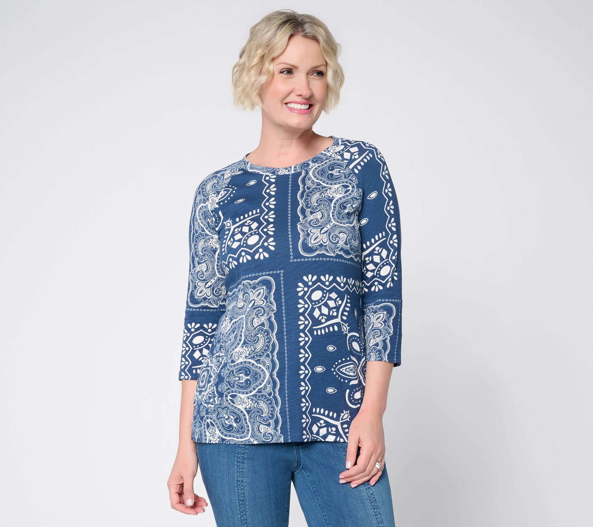 Belle Boho by Kim Gravel Slub Knit Bandana Raglan 3/4 Sleeve Top