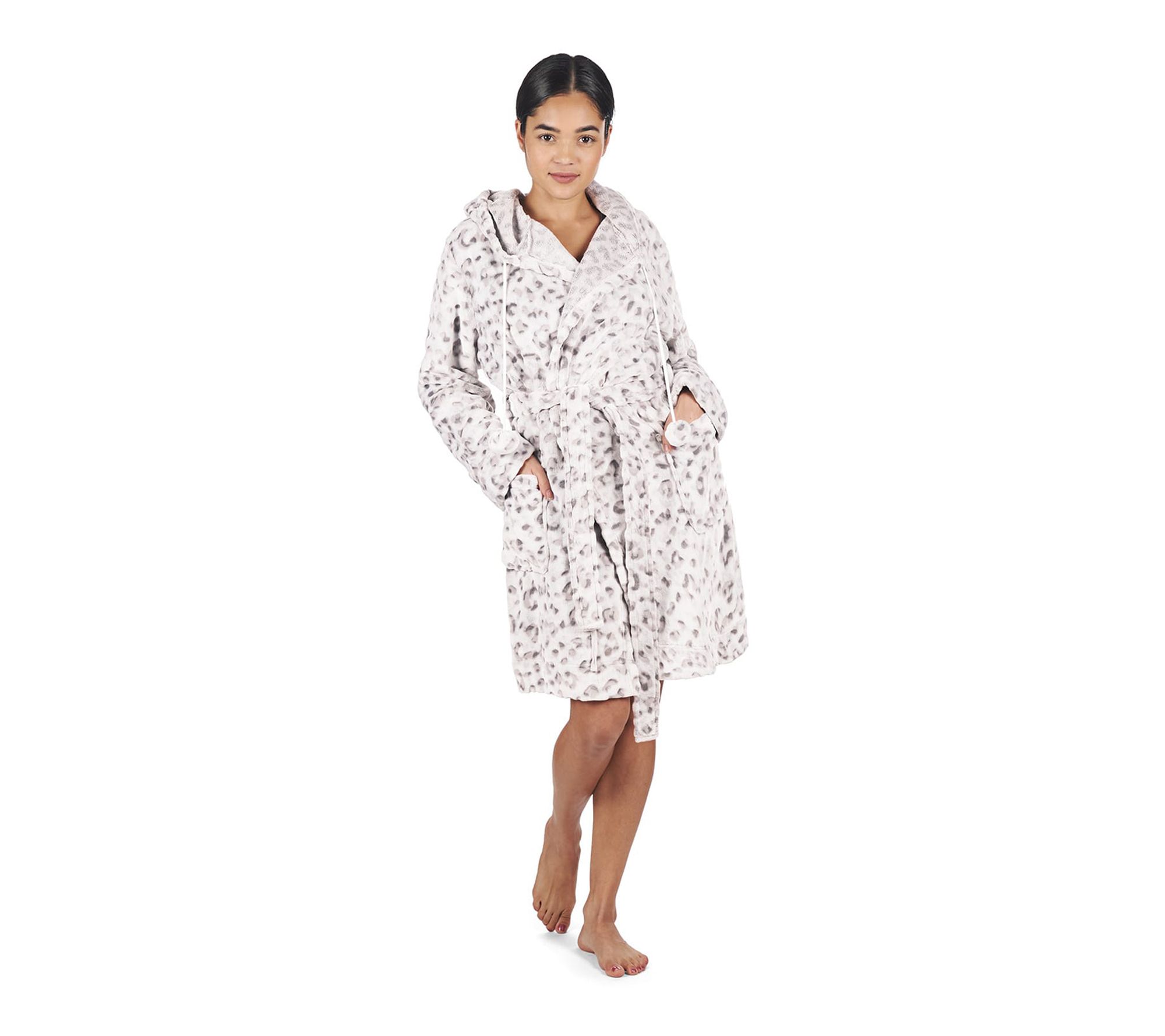 Women's Leopard Print Plush Robe with Pom-Pom Drawstrings