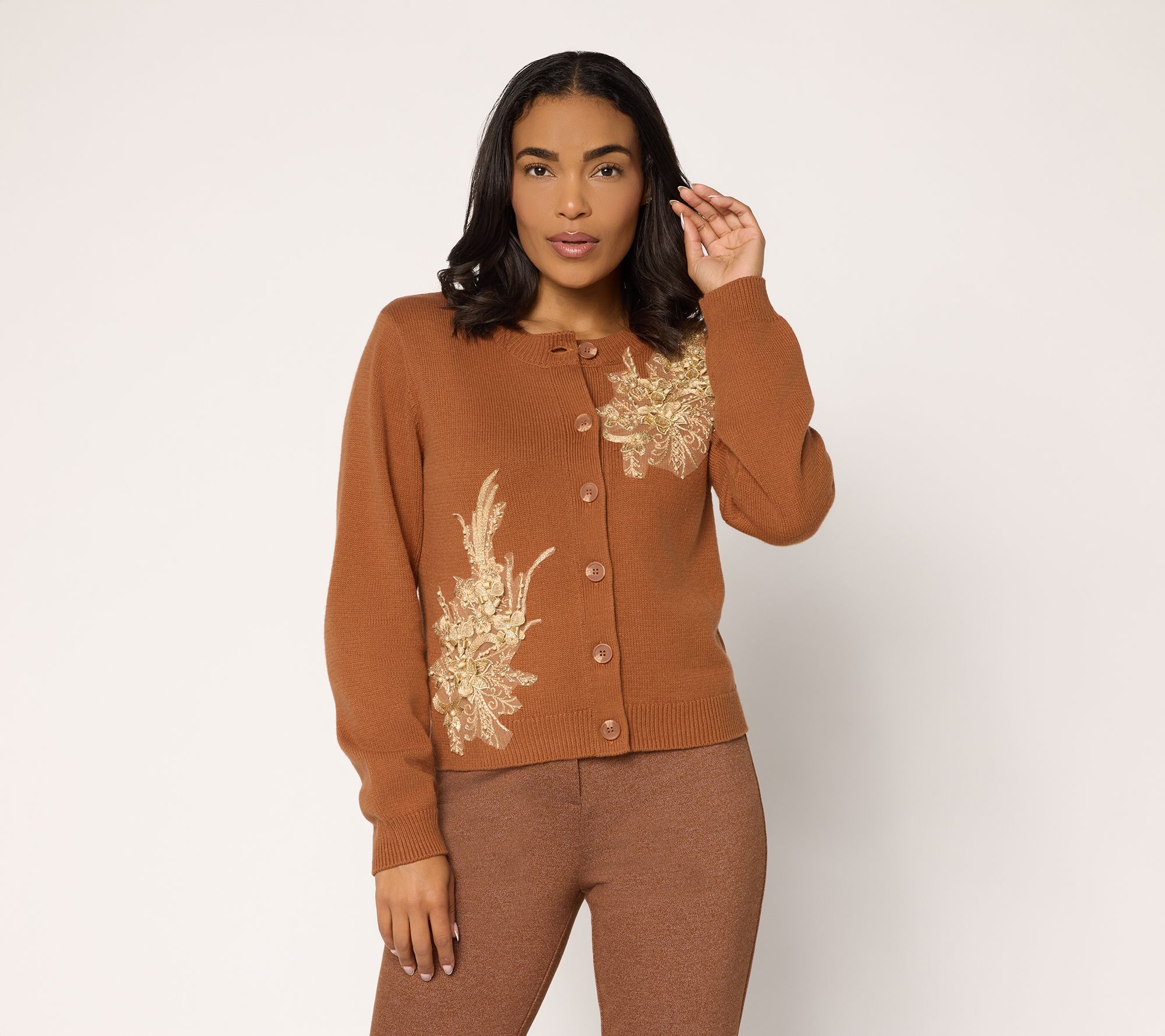 "As Is" Dennis Basso Sweater with Sequin and Faux Pearl Embellishment